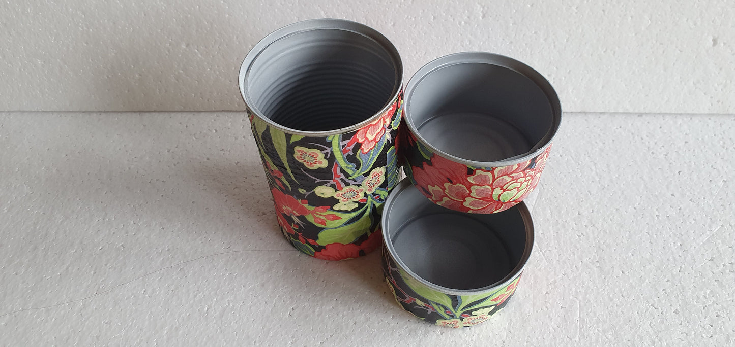 Upcycle Tin Can Desk Tidy Decoupage Black Pink Yellow Floral Hand Decorated Home Decor Gift
