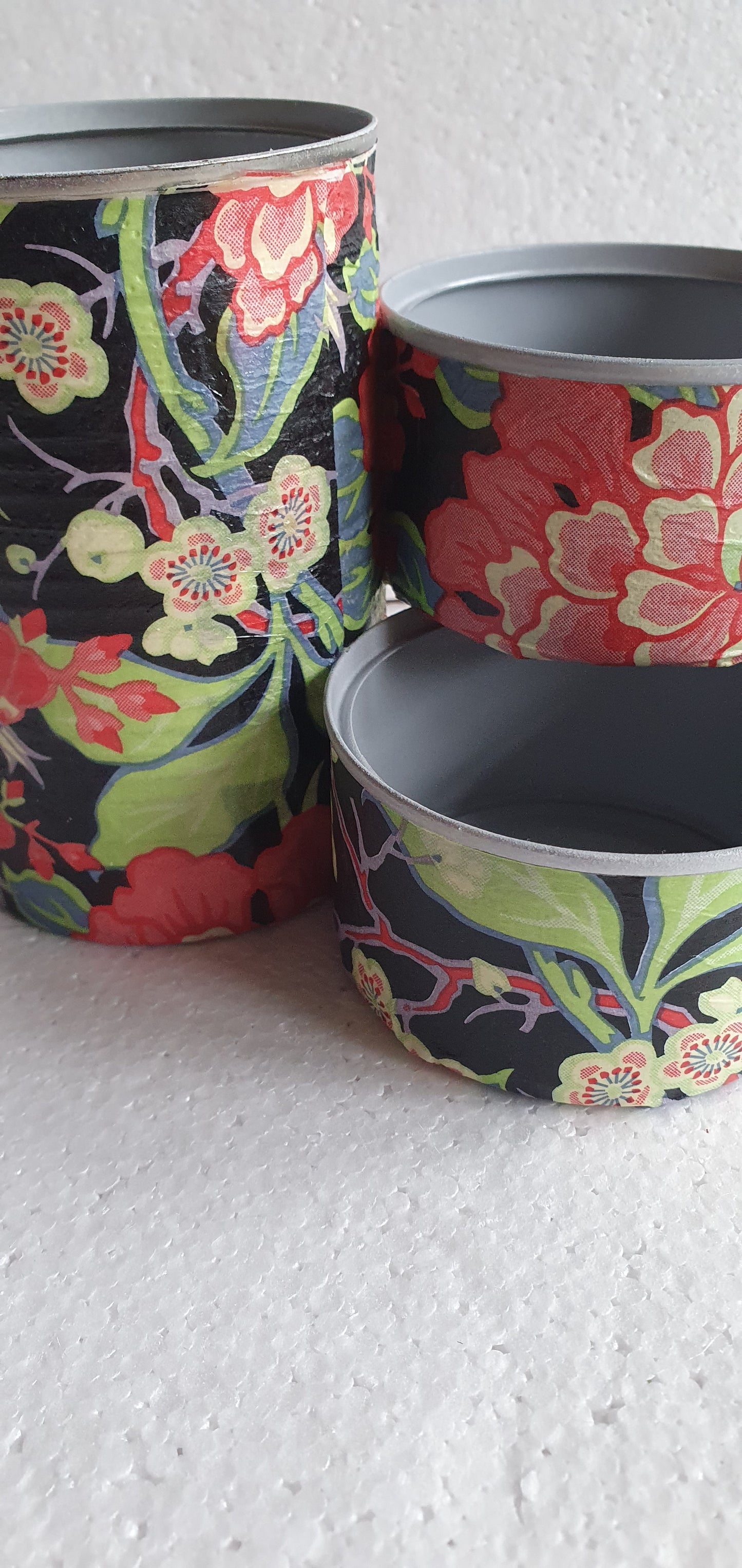 Upcycle Tin Can Desk Tidy Decoupage Black Pink Yellow Floral Hand Decorated Home Decor Gift