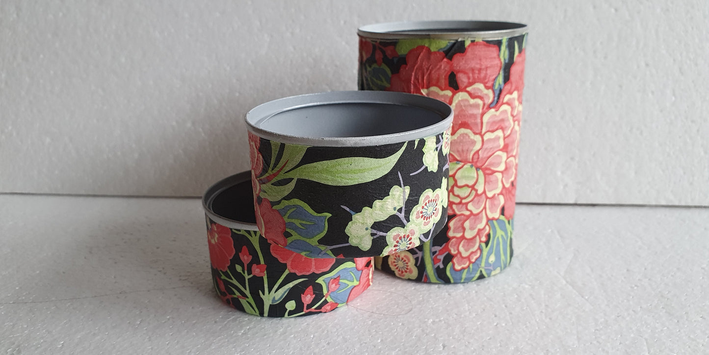 Upcycle Tin Can Desk Tidy Decoupage Black Pink Yellow Floral Hand Decorated Home Decor Gift