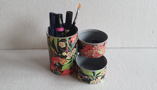 Upcycle Tin Can Desk Tidy Decoupage Black Pink Yellow Floral Hand Decorated Home Decor Gift