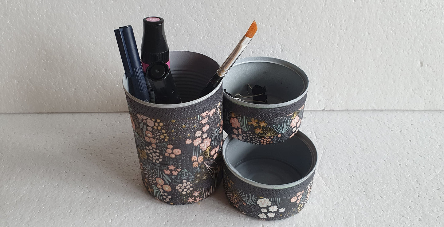 Upcycle Tin Can Desk Tidy Decoupage Black Pink Yellow Floral Hand Decorated Home Decor Gift