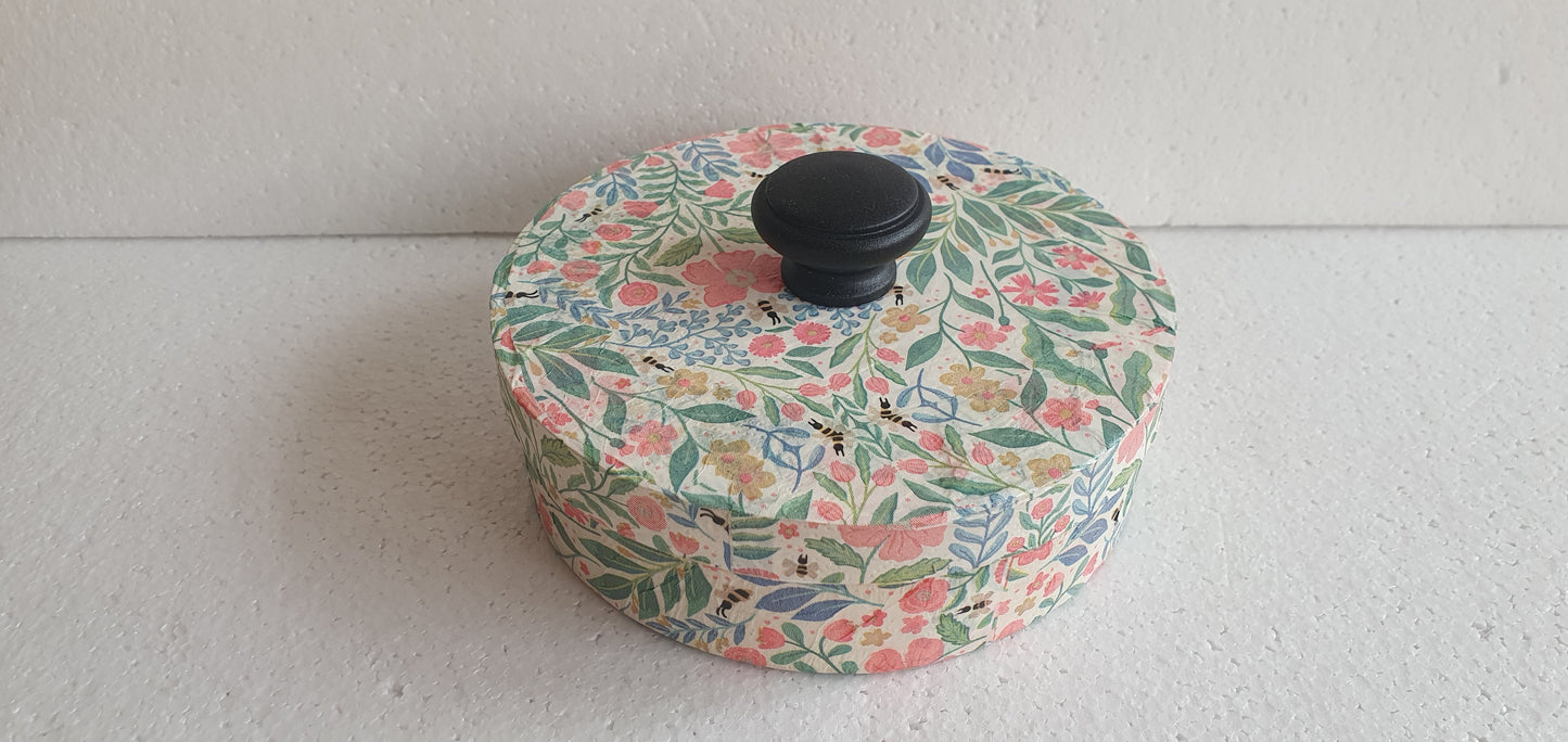 Round Floral Pink Green White Bees Wooden Hand Decorated Jewellery / Trinket Box Decor Gift