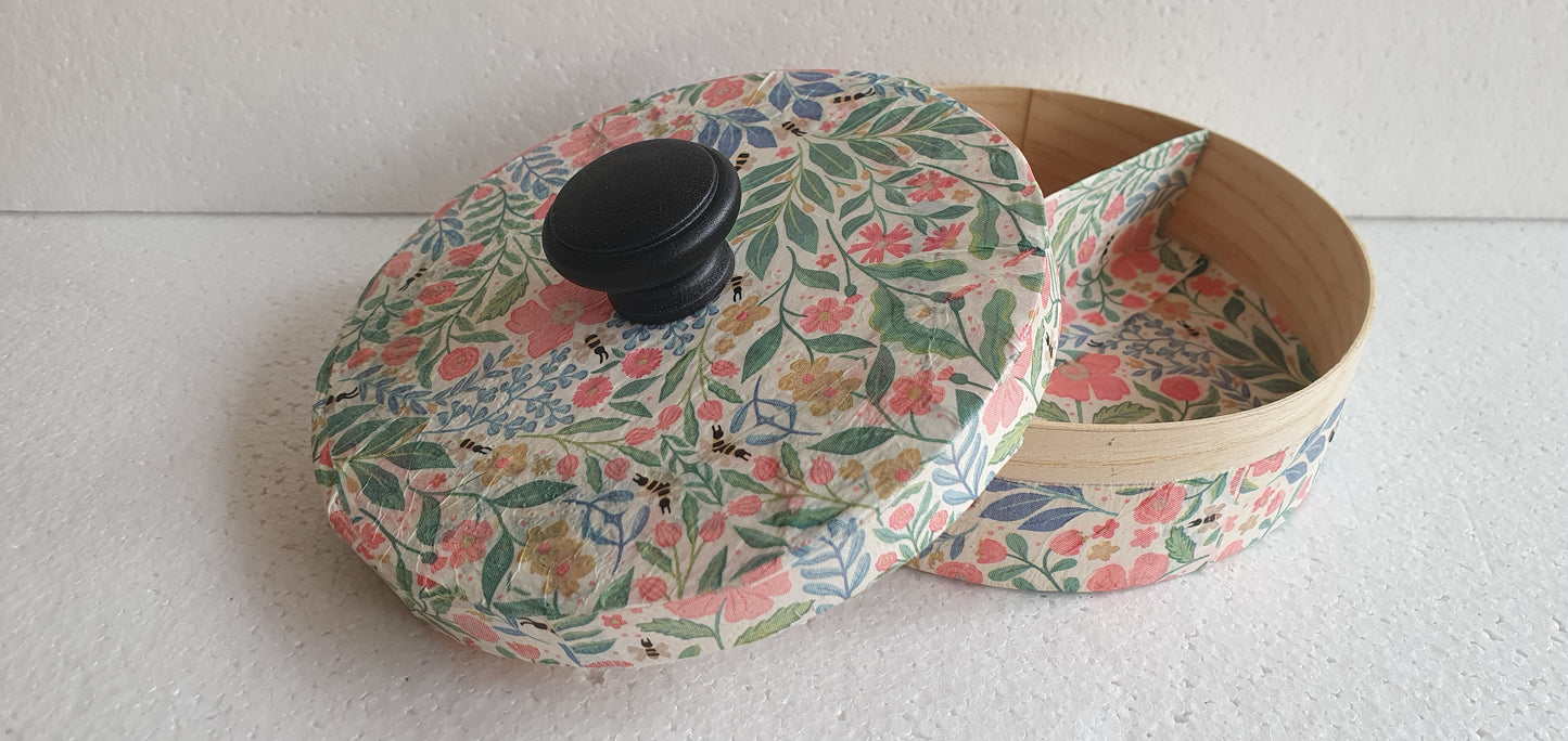 Round Floral Pink Green White Bees Wooden Hand Decorated Jewellery / Trinket Box Decor Gift