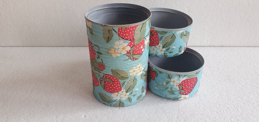 Upcycle Tin Can Desk Tidy Decoupage Blue Green Red Strawberries Floral Hand Decorated Home Decor Gift