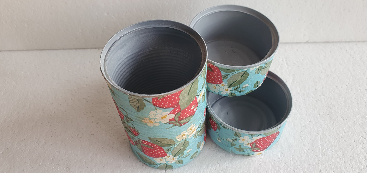 Upcycle Tin Can Desk Tidy Decoupage Blue Green Red Strawberries Floral Hand Decorated Home Decor Gift