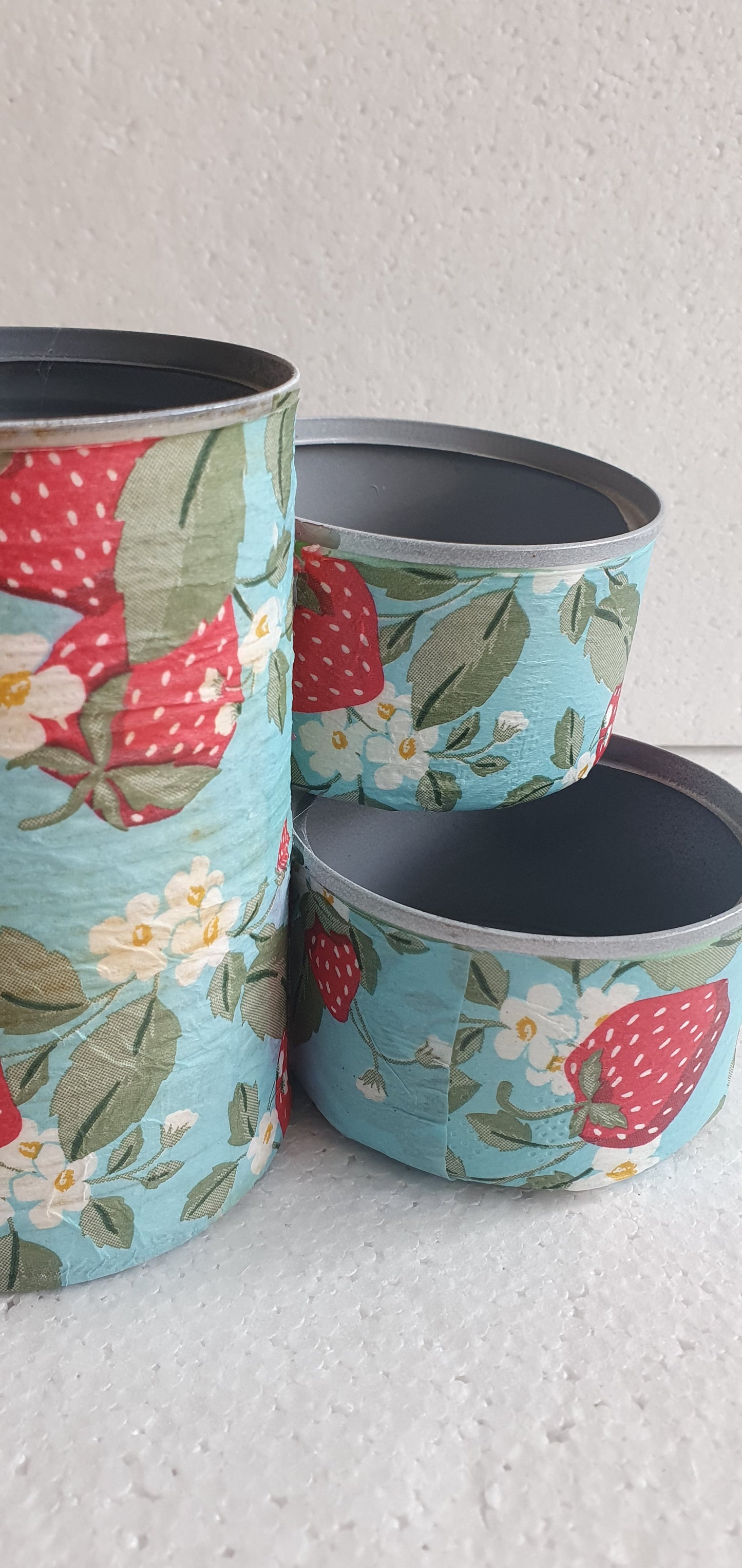 Upcycle Tin Can Desk Tidy Decoupage Blue Green Red Strawberries Floral Hand Decorated Home Decor Gift