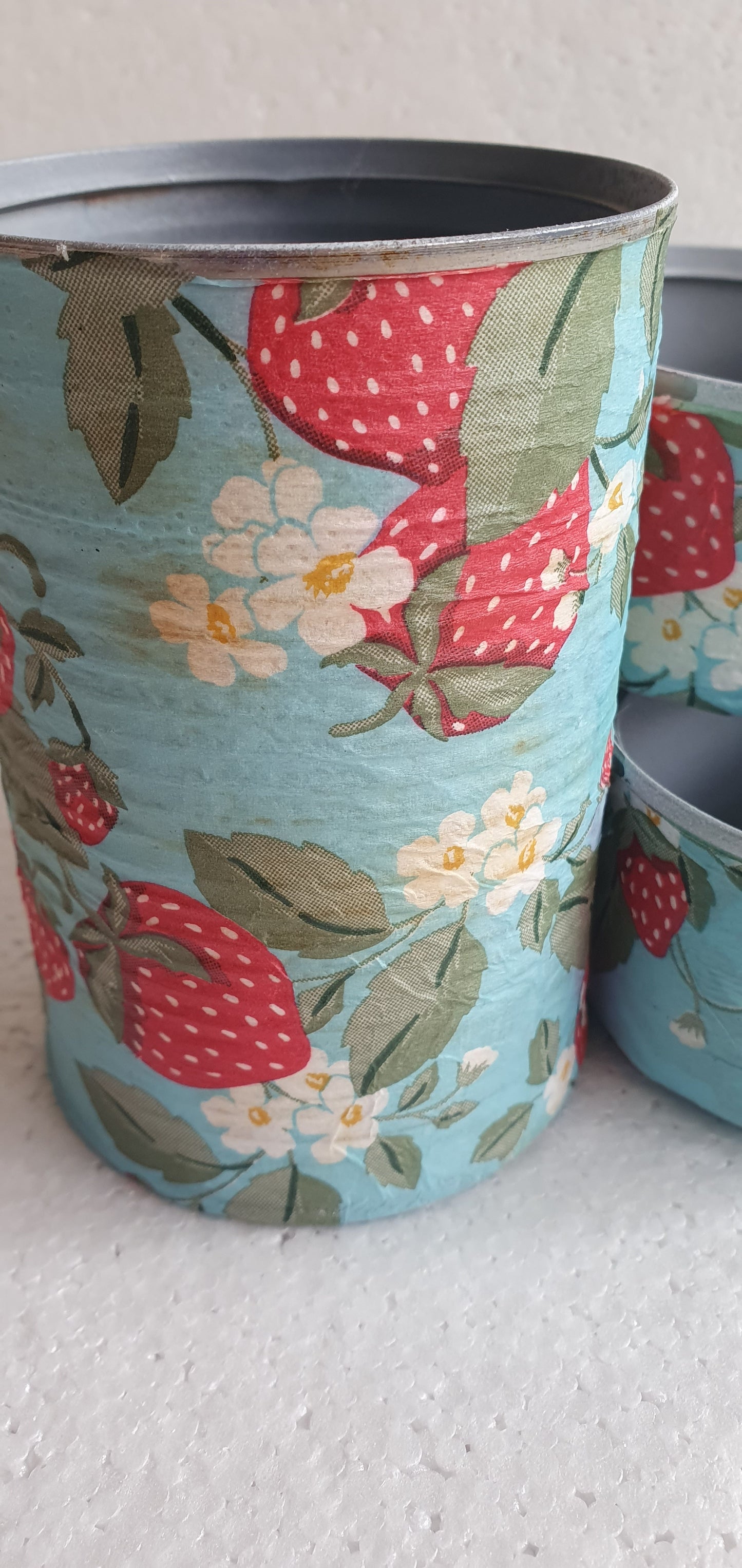 Upcycle Tin Can Desk Tidy Decoupage Blue Green Red Strawberries Floral Hand Decorated Home Decor Gift