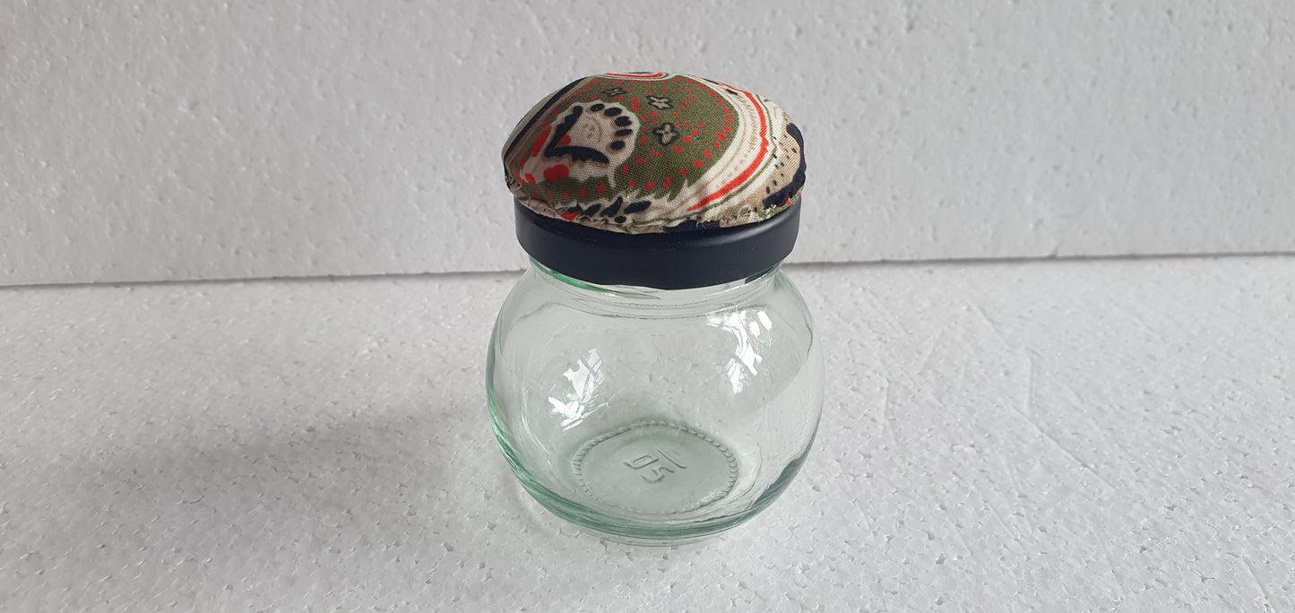 Tiny Hand Decorated Glass Pin Cushion Jar Brown Orange Cream Black Crafters Gift