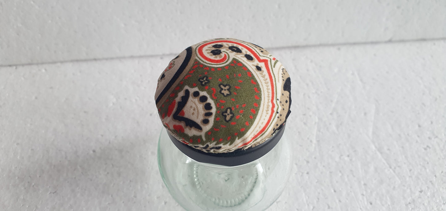 Tiny Hand Decorated Glass Pin Cushion Jar Brown Orange Cream Black Crafters Gift