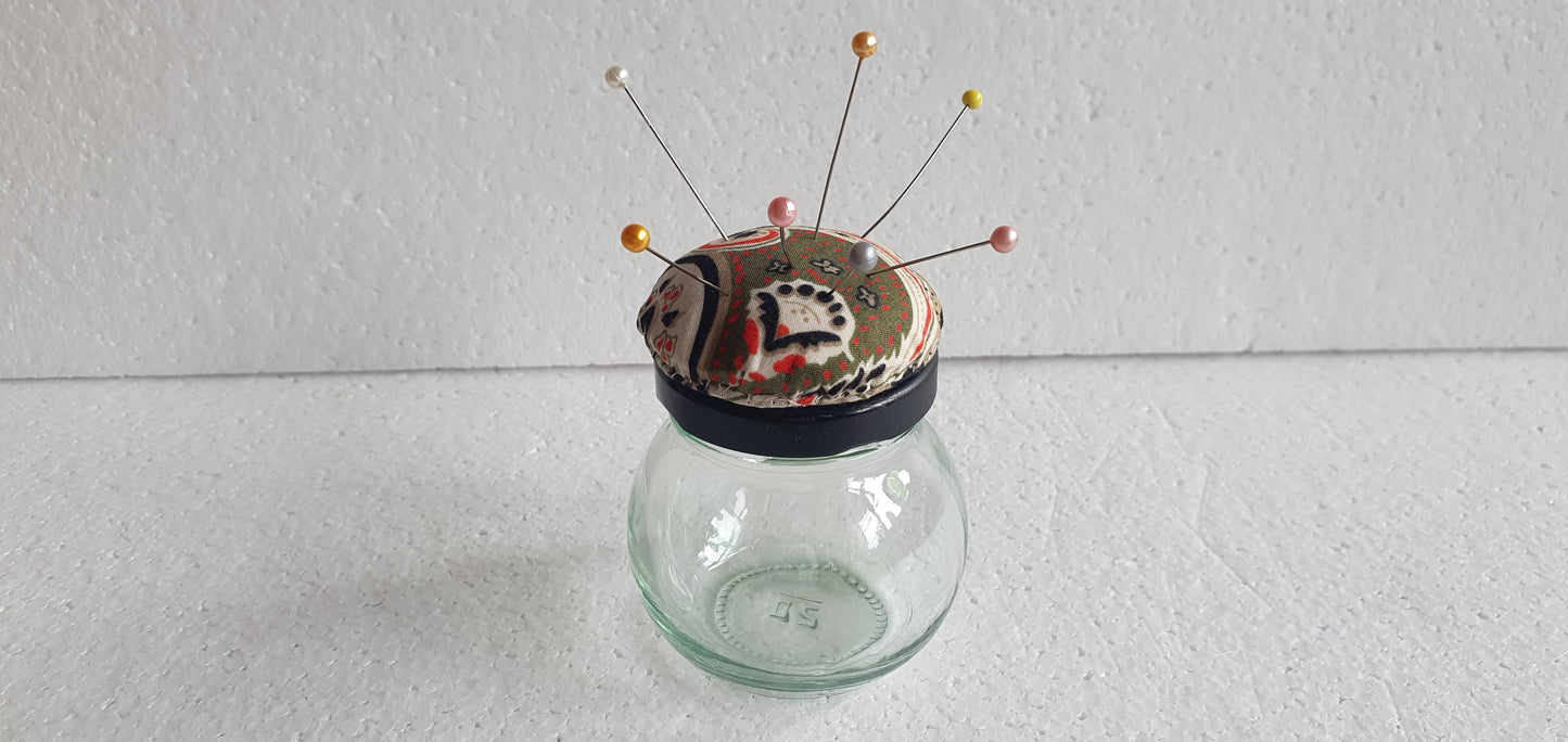 Tiny Hand Decorated Glass Pin Cushion Jar Brown Orange Cream Black Crafters Gift