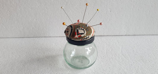 Tiny Hand Decorated Glass Pin Cushion Jar Brown Orange Cream Black Crafters Gift