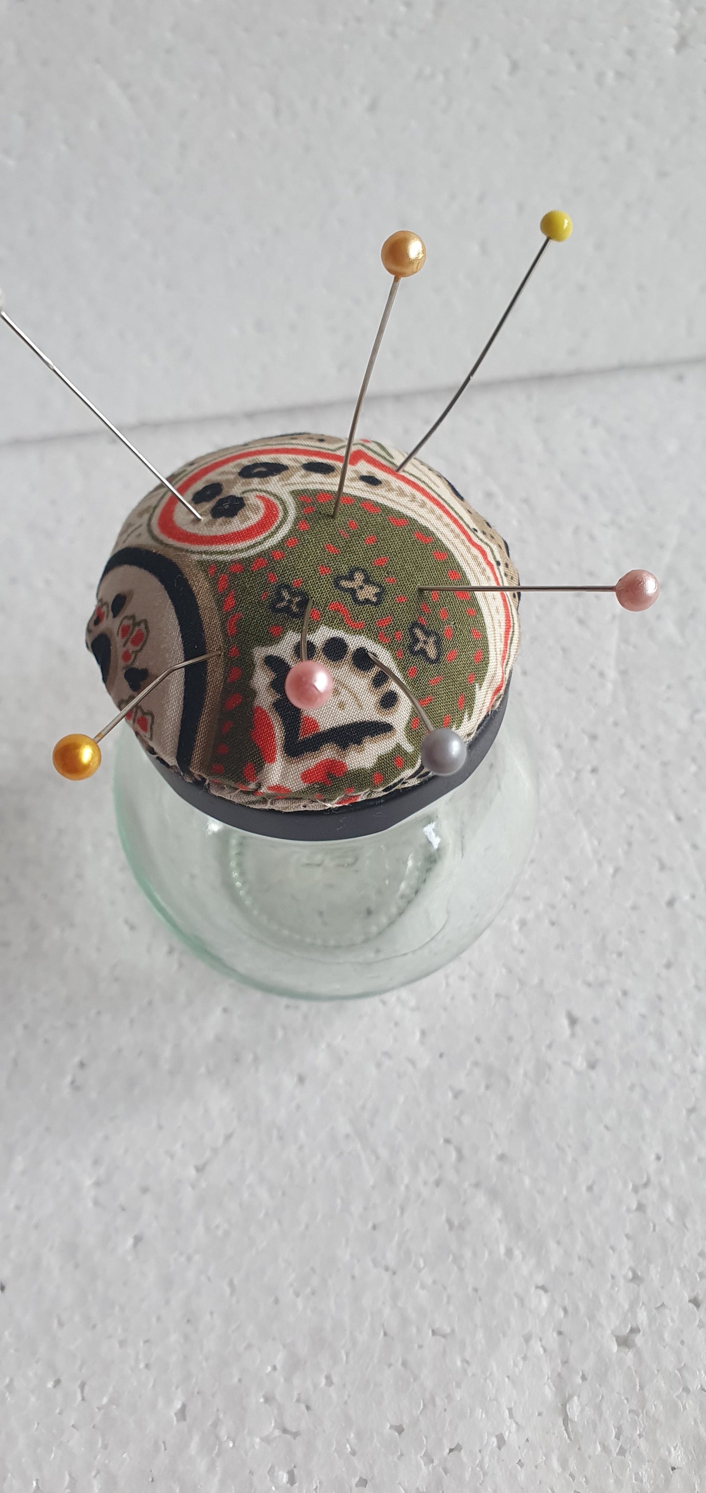 Tiny Hand Decorated Glass Pin Cushion Jar Brown Orange Cream Black Crafters Gift