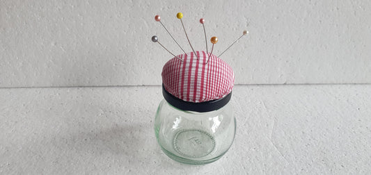 Tiny Hand Decorated Glass Pin Cushion Jar Pink White Crafters Gift