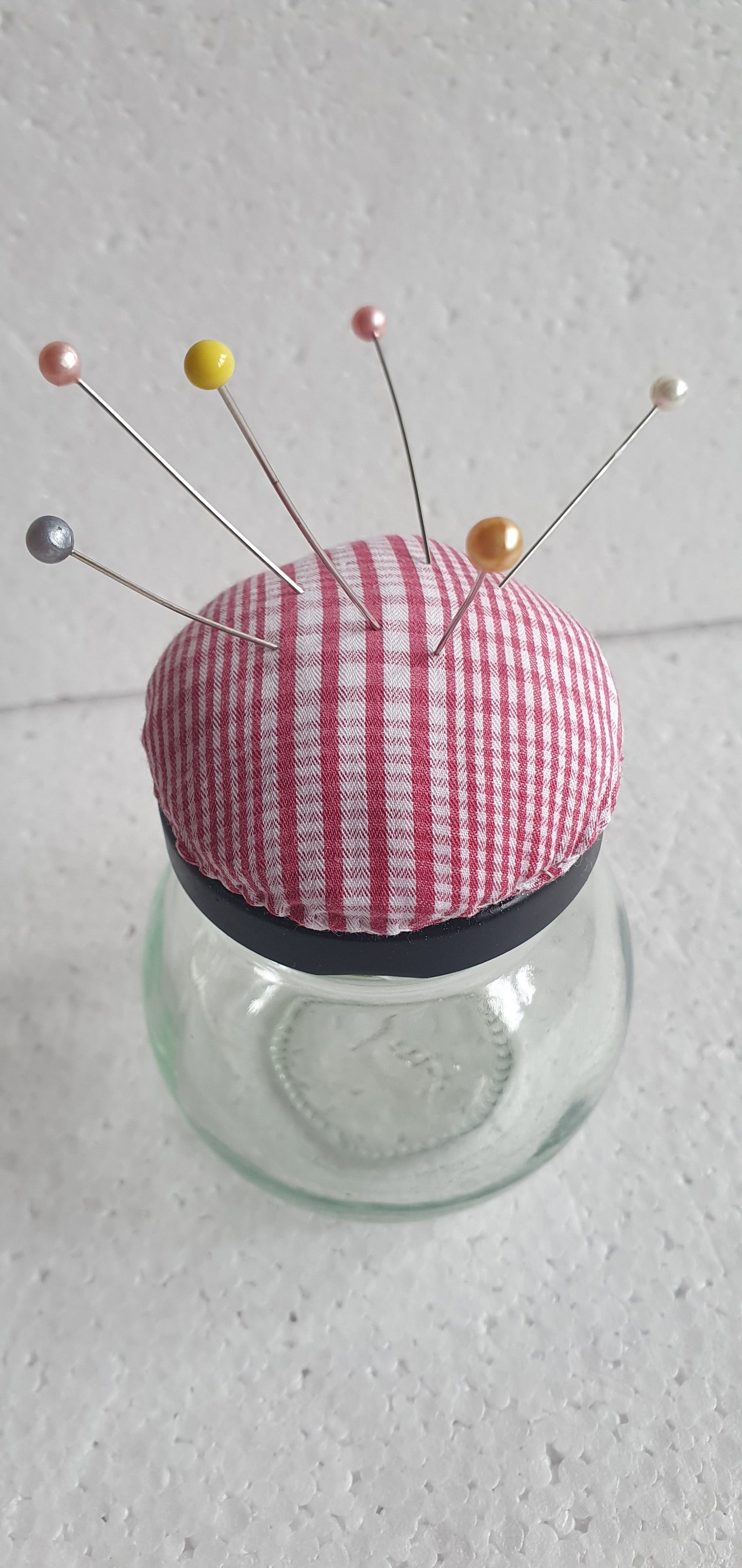 Tiny Hand Decorated Glass Pin Cushion Jar Pink White Crafters Gift