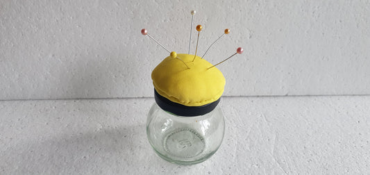 Tiny Hand Decorated Glass Pin Cushion Jar Yellow Crafters Gift