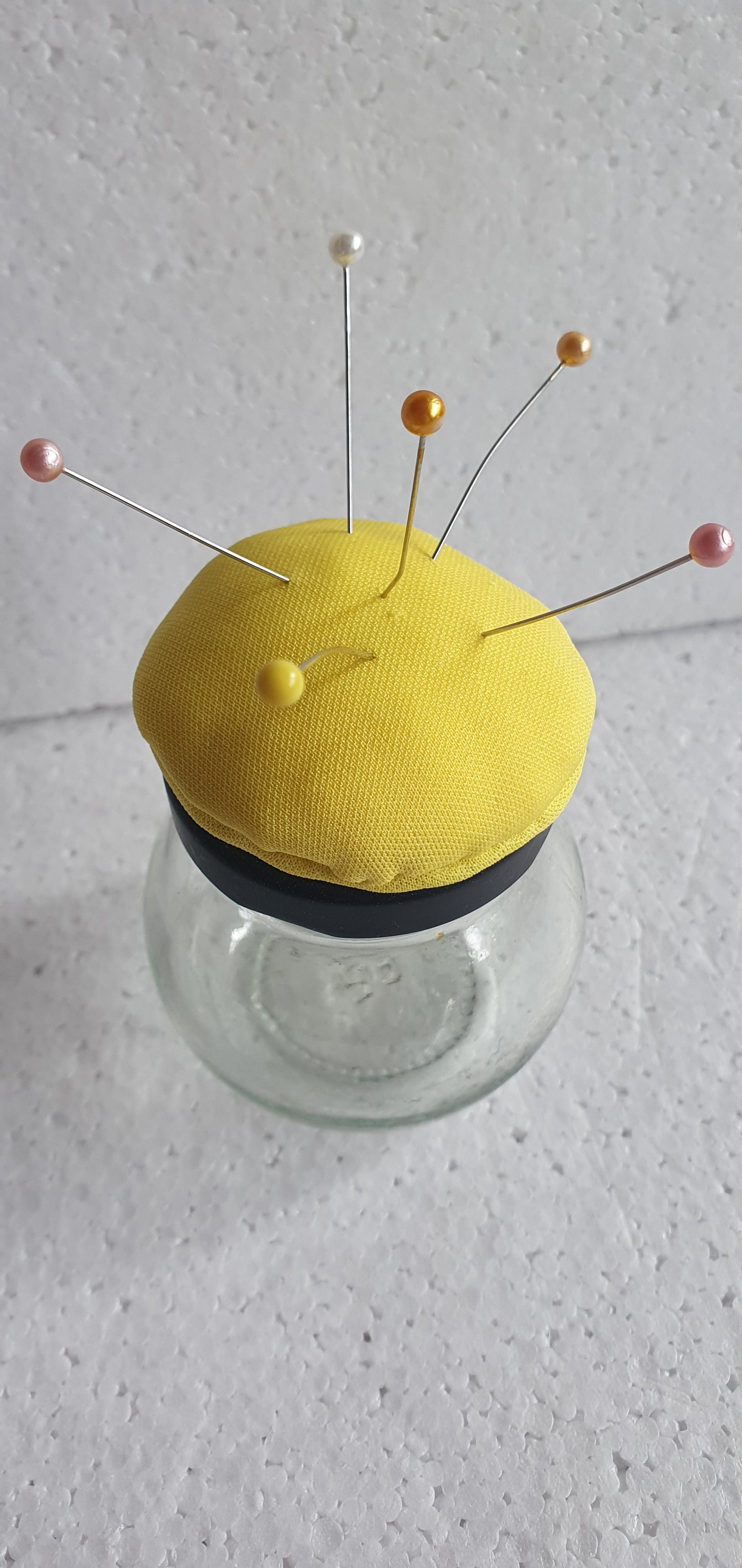 Tiny Hand Decorated Glass Pin Cushion Jar Yellow Crafters Gift