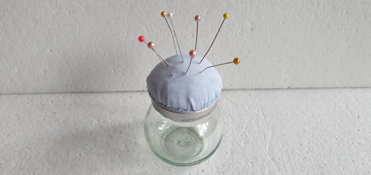 Tiny Hand Decorated Glass Pin Cushion Jar Blue Crafters Gift
