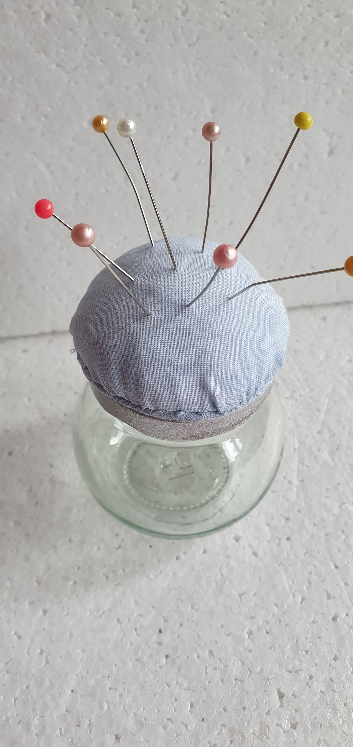Tiny Hand Decorated Glass Pin Cushion Jar Blue Crafters Gift