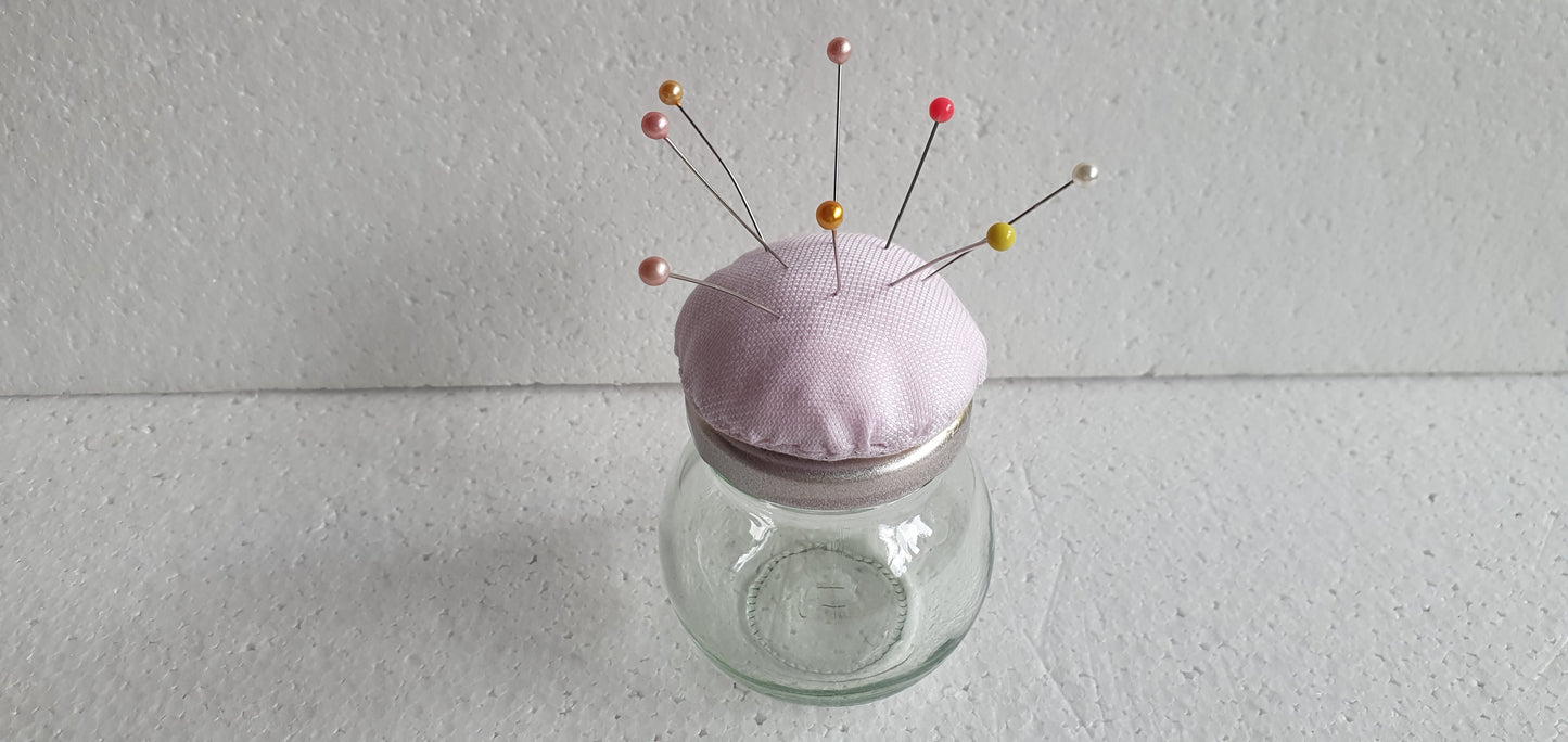 Tiny Hand Decorated Glass Pin Cushion Jar Pink Crafters Gift