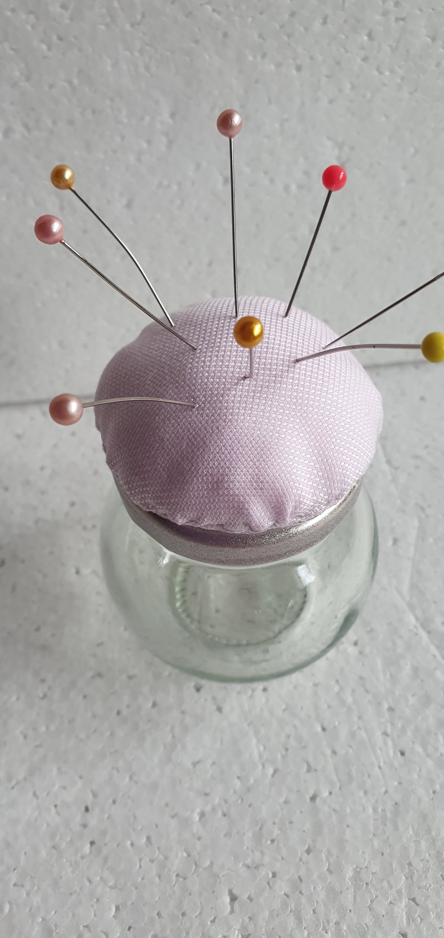 Tiny Hand Decorated Glass Pin Cushion Jar Pink Crafters Gift