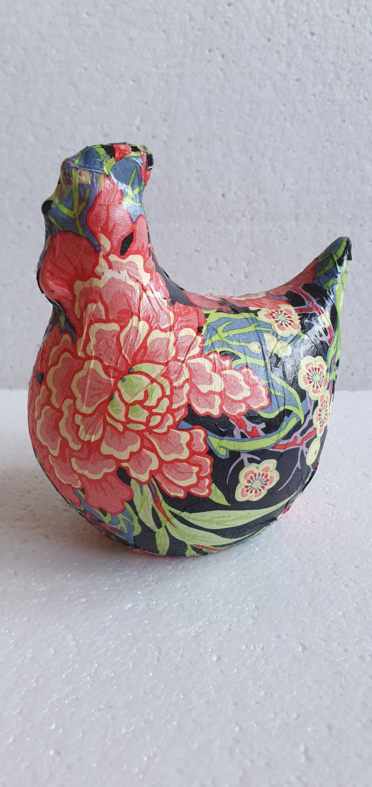 Hand Decorated Ceramic Floral Chicken Black Red Green Gift