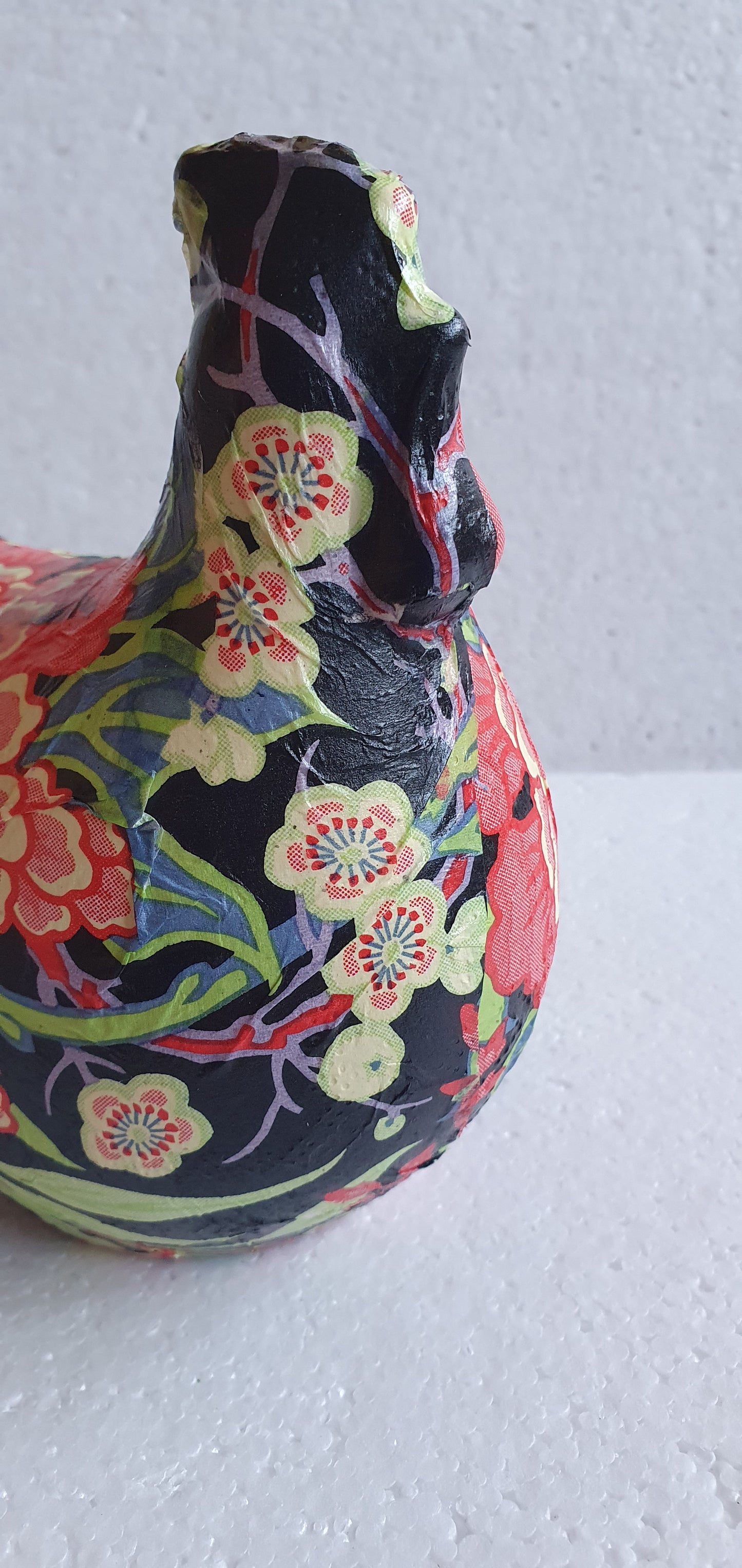 Hand Decorated Ceramic Floral Chicken Black Red Green Gift