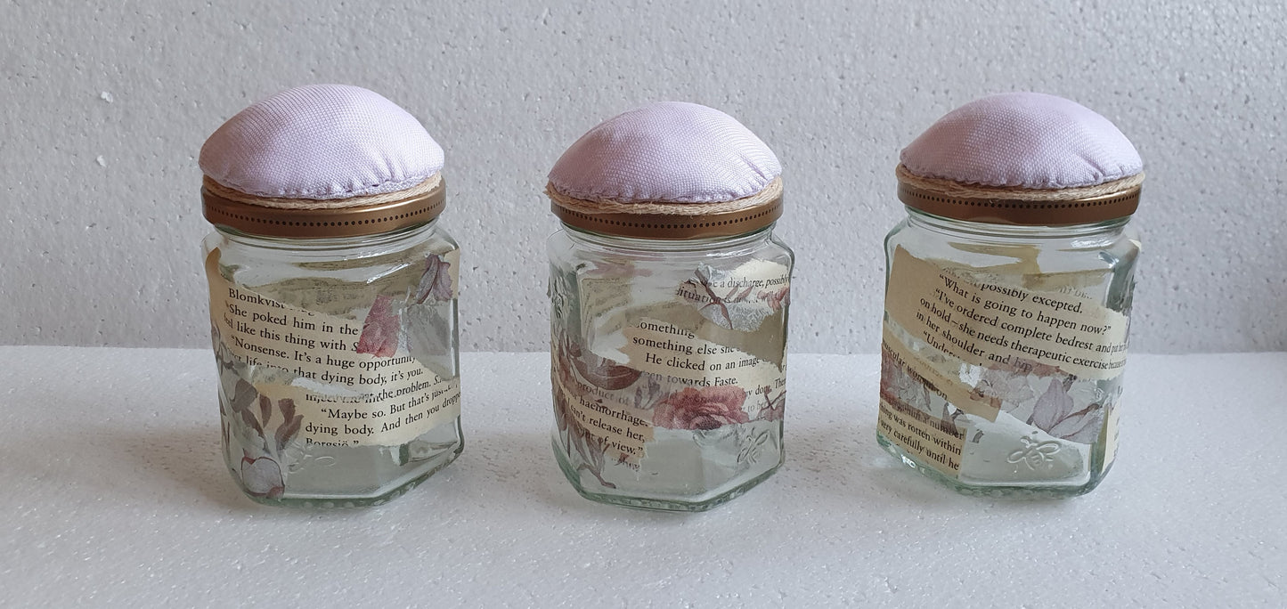 Hand Decorated Glass Pin Cushion Jar Pink Book Pages Crafters Gift