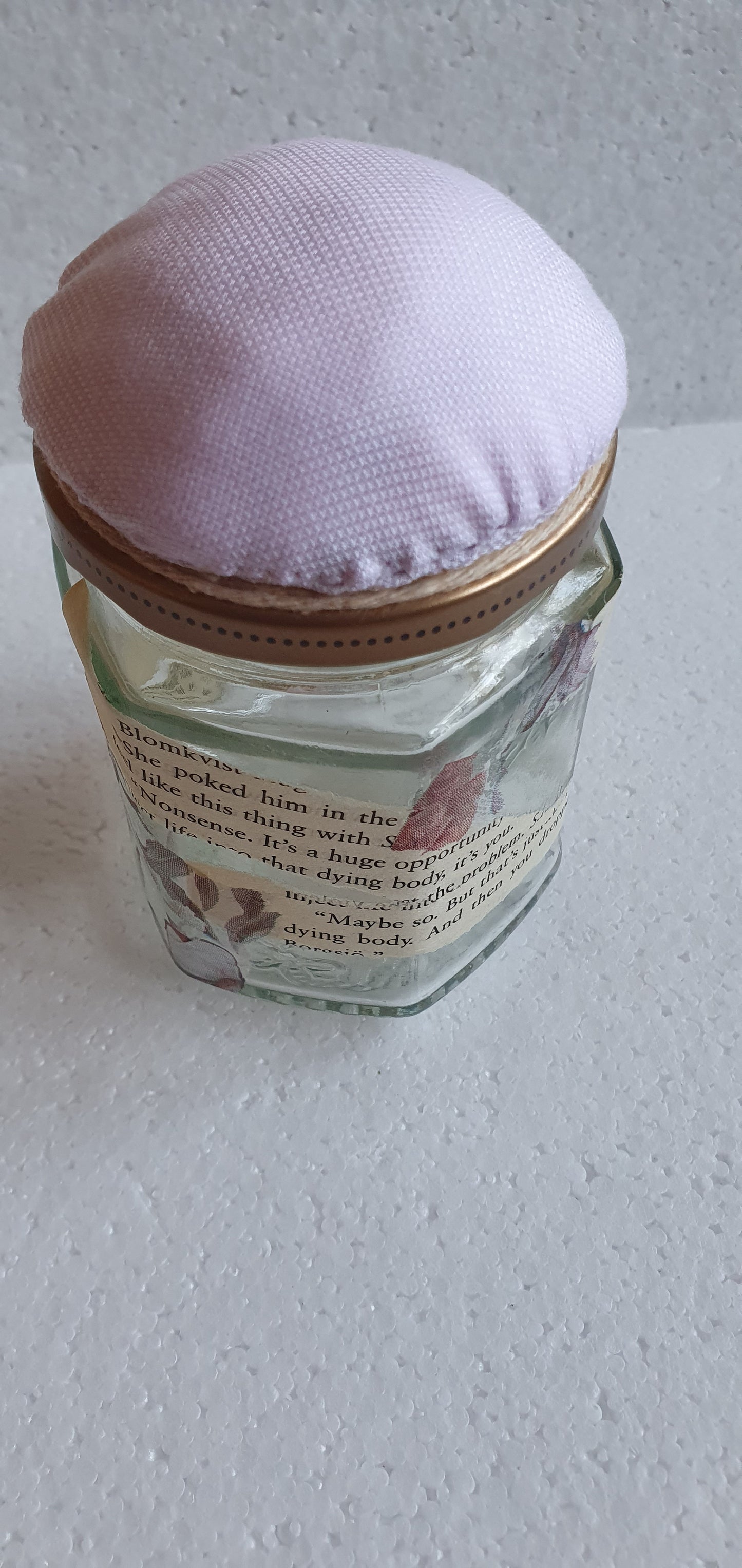 Hand Decorated Glass Pin Cushion Jar Pink Book Pages Crafters Gift