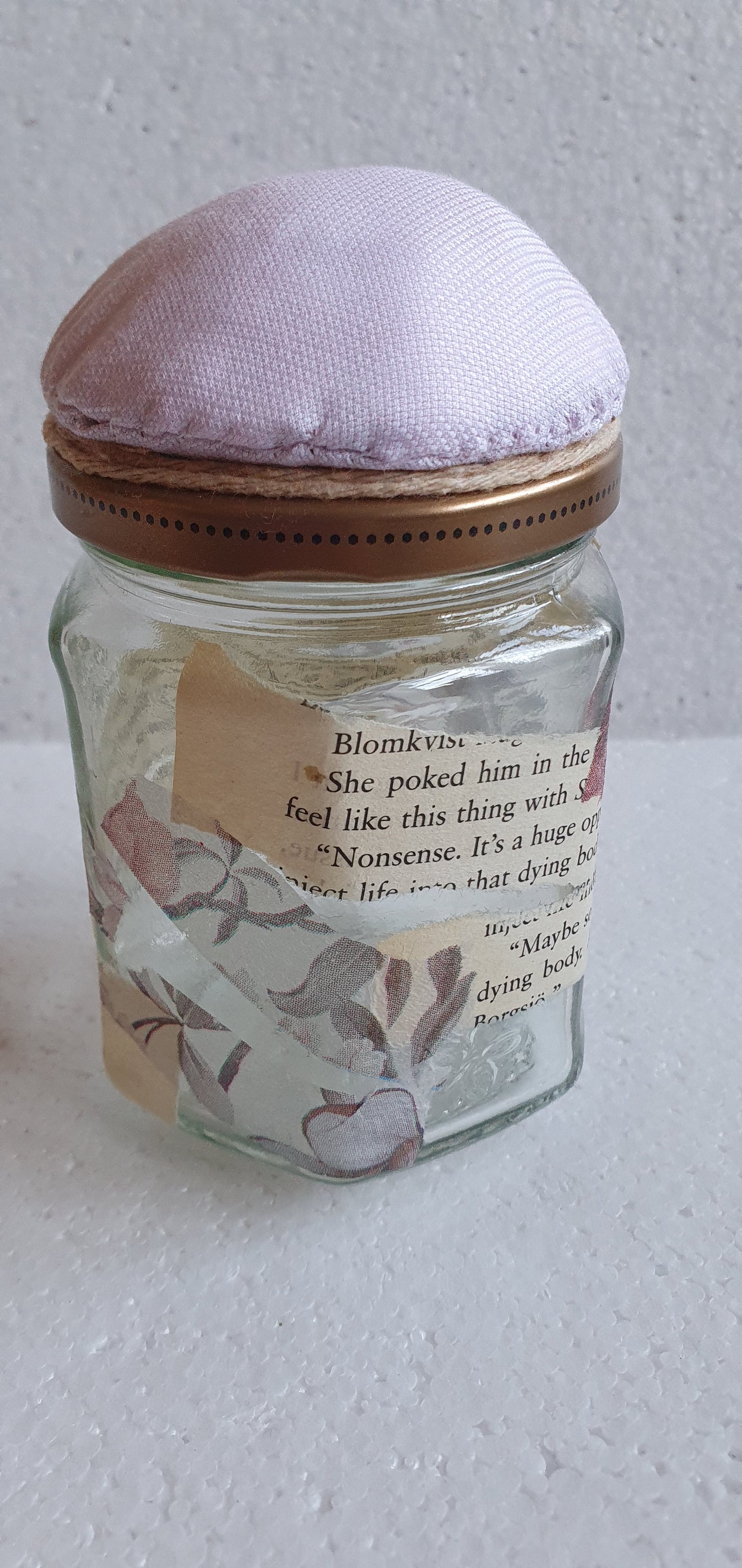 Hand Decorated Glass Pin Cushion Jar Pink Book Pages Crafters Gift