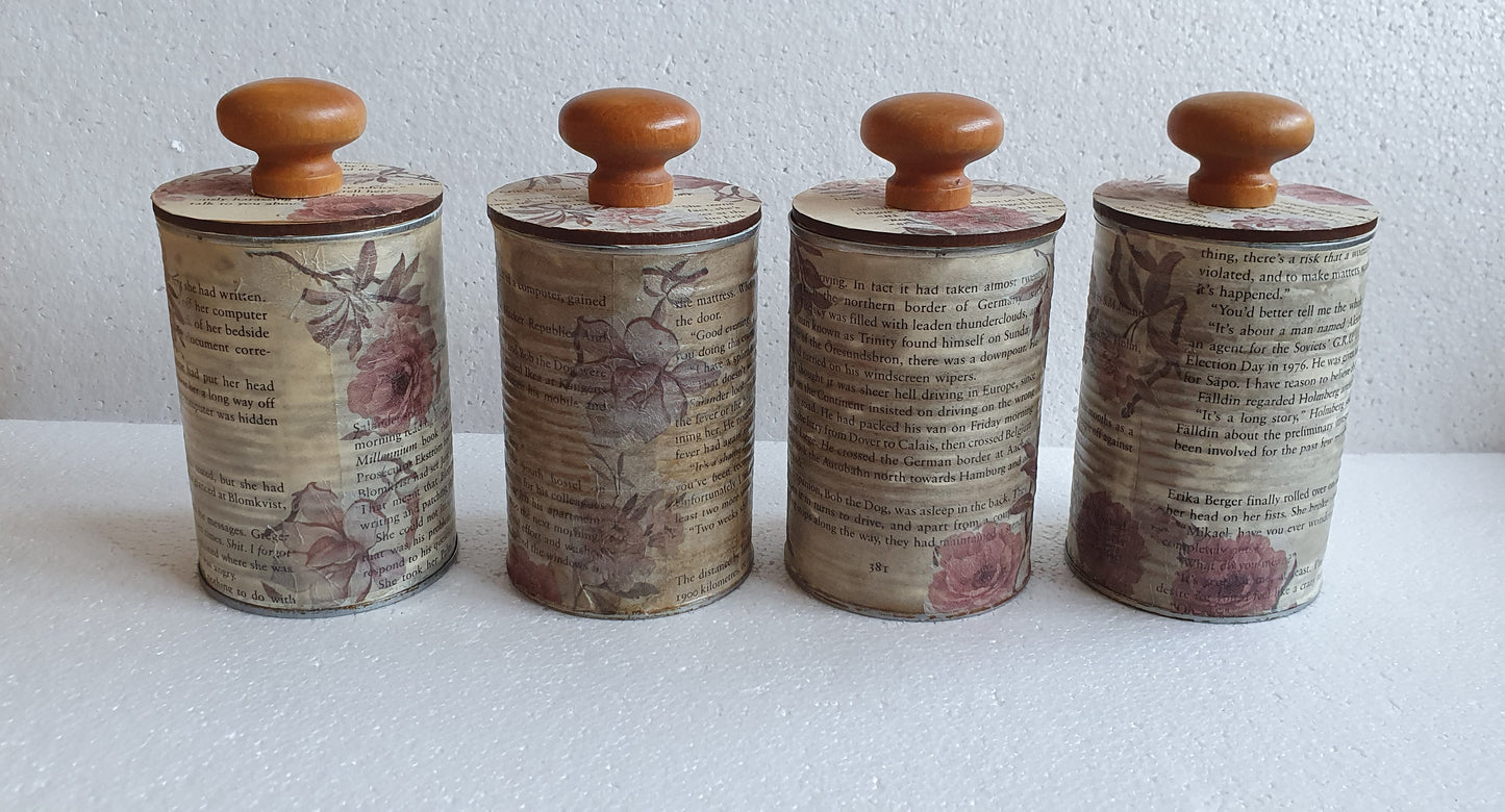 Upcycle Tin Can Storage Jar With Lid Book Page Pink Floral Decoupage Home Decor Gift