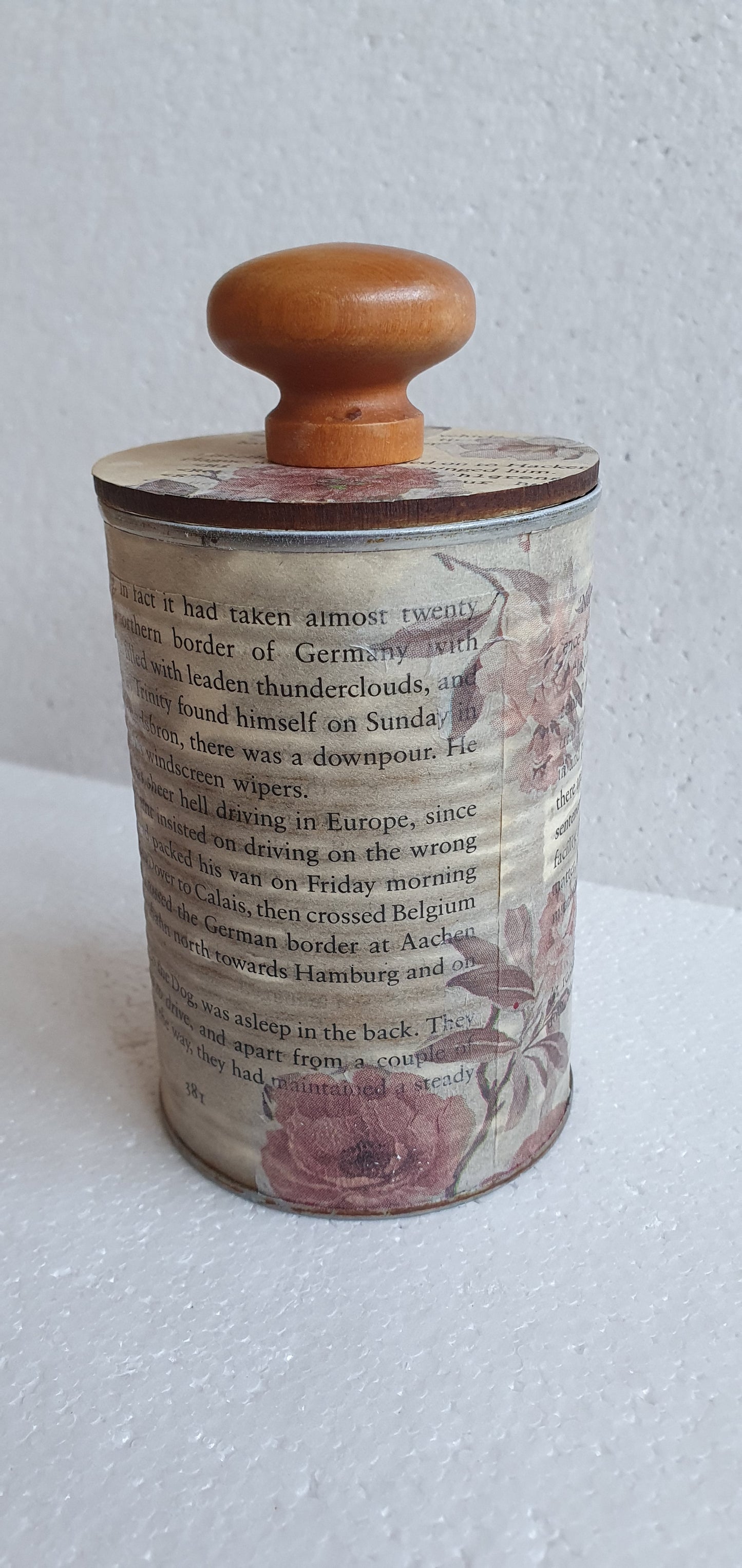 Upcycle Tin Can Storage Jar With Lid Book Page Pink Floral Decoupage Home Decor Gift