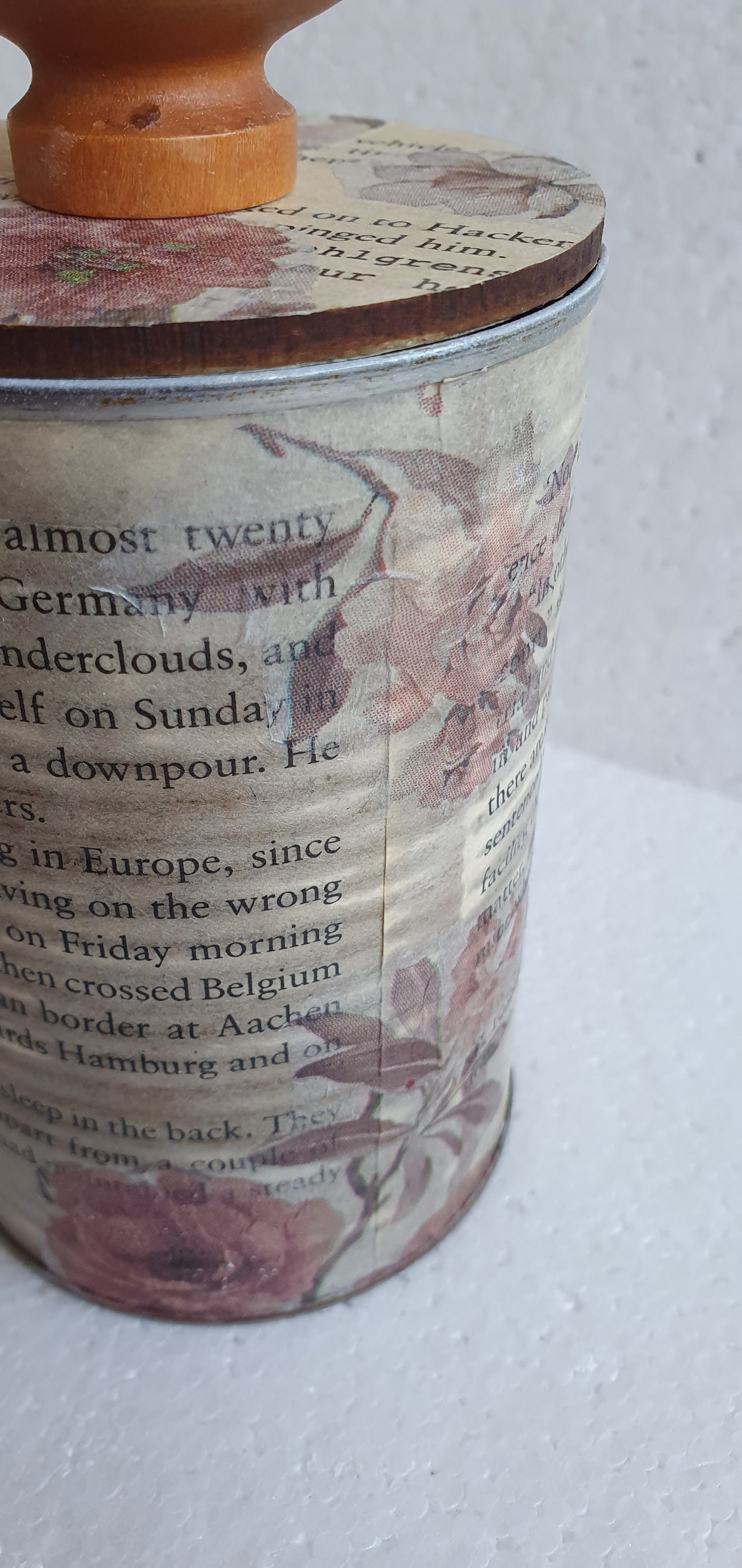 Upcycle Tin Can Storage Jar With Lid Book Page Pink Floral Decoupage Home Decor Gift