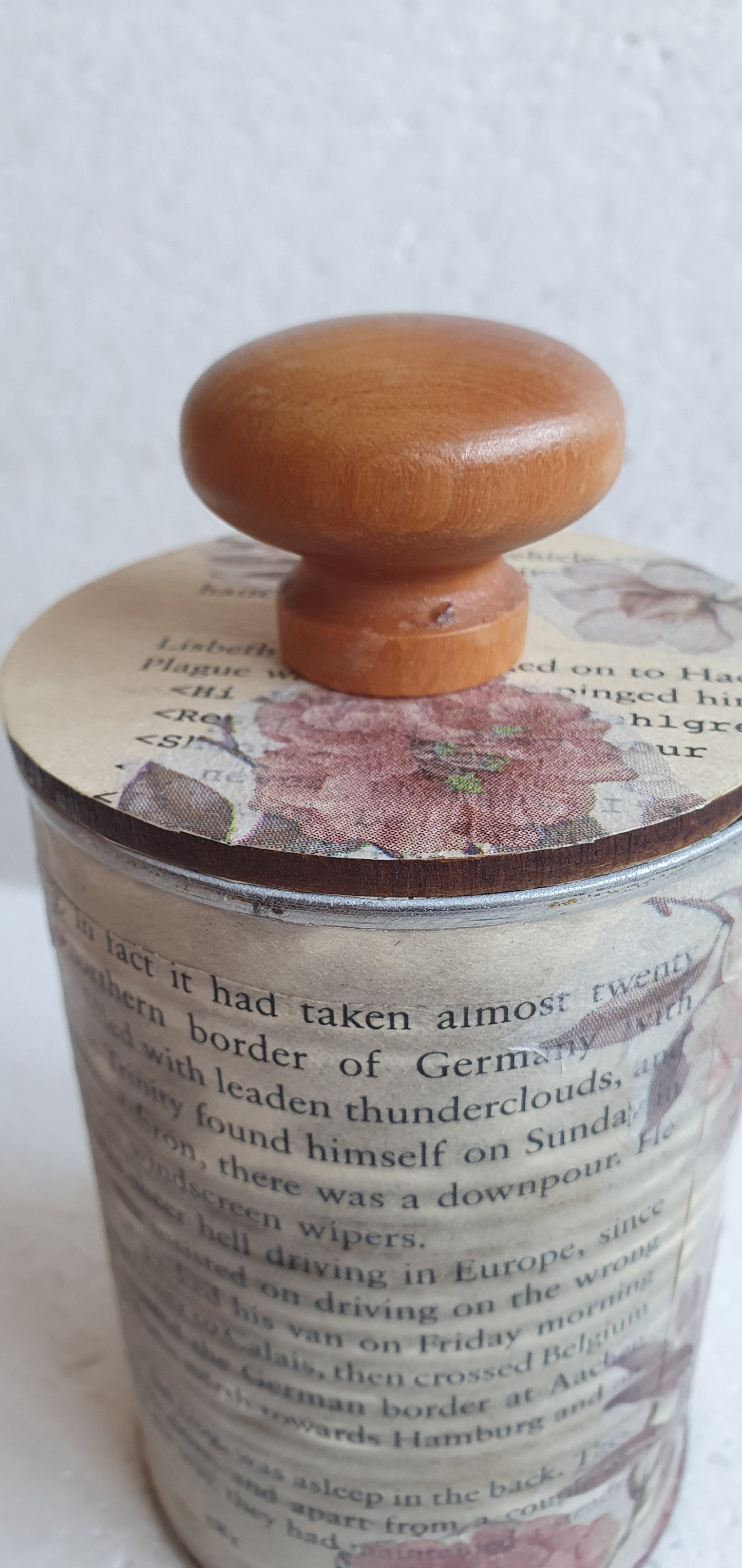 Upcycle Tin Can Storage Jar With Lid Book Page Pink Floral Decoupage Home Decor Gift