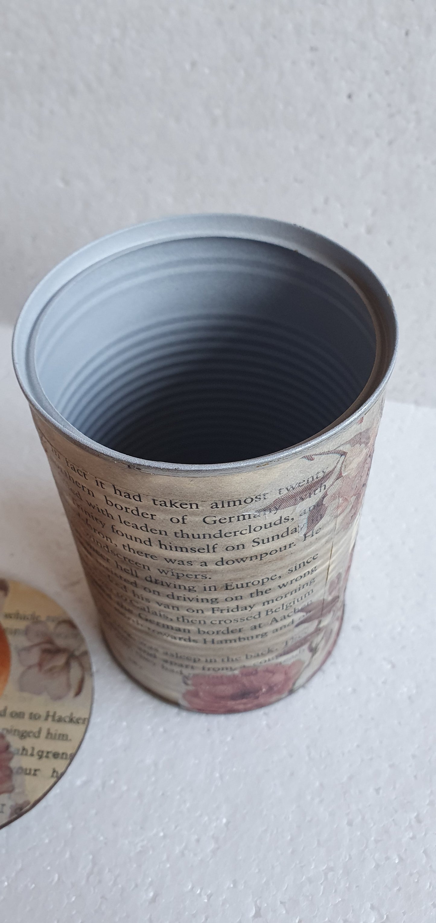 Upcycle Tin Can Storage Jar With Lid Book Page Pink Floral Decoupage Home Decor Gift