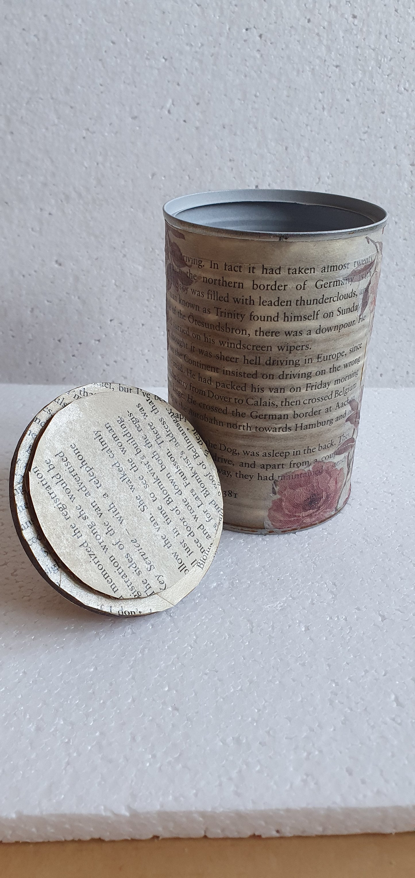 Upcycle Tin Can Storage Jar With Lid Book Page Pink Floral Decoupage Home Decor Gift