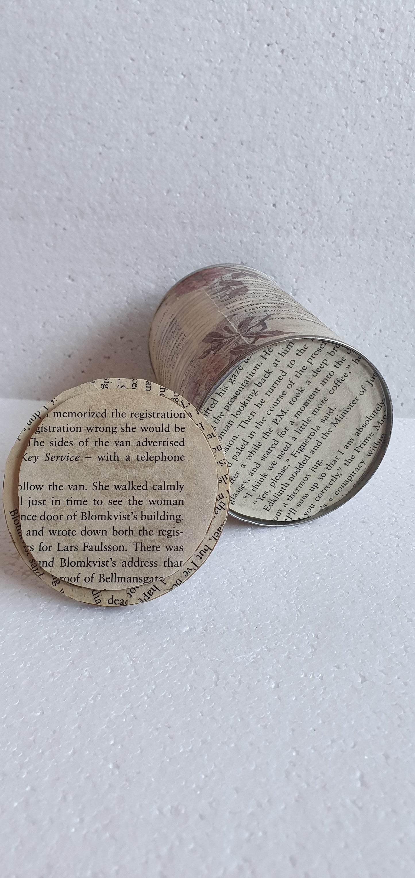 Upcycle Tin Can Storage Jar With Lid Book Page Pink Floral Decoupage Home Decor Gift