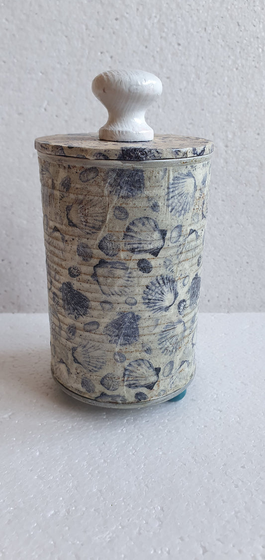 Upcycle Tin Can Storage Jar With Lid Blue White Shells Decoupage Home Decor Gift