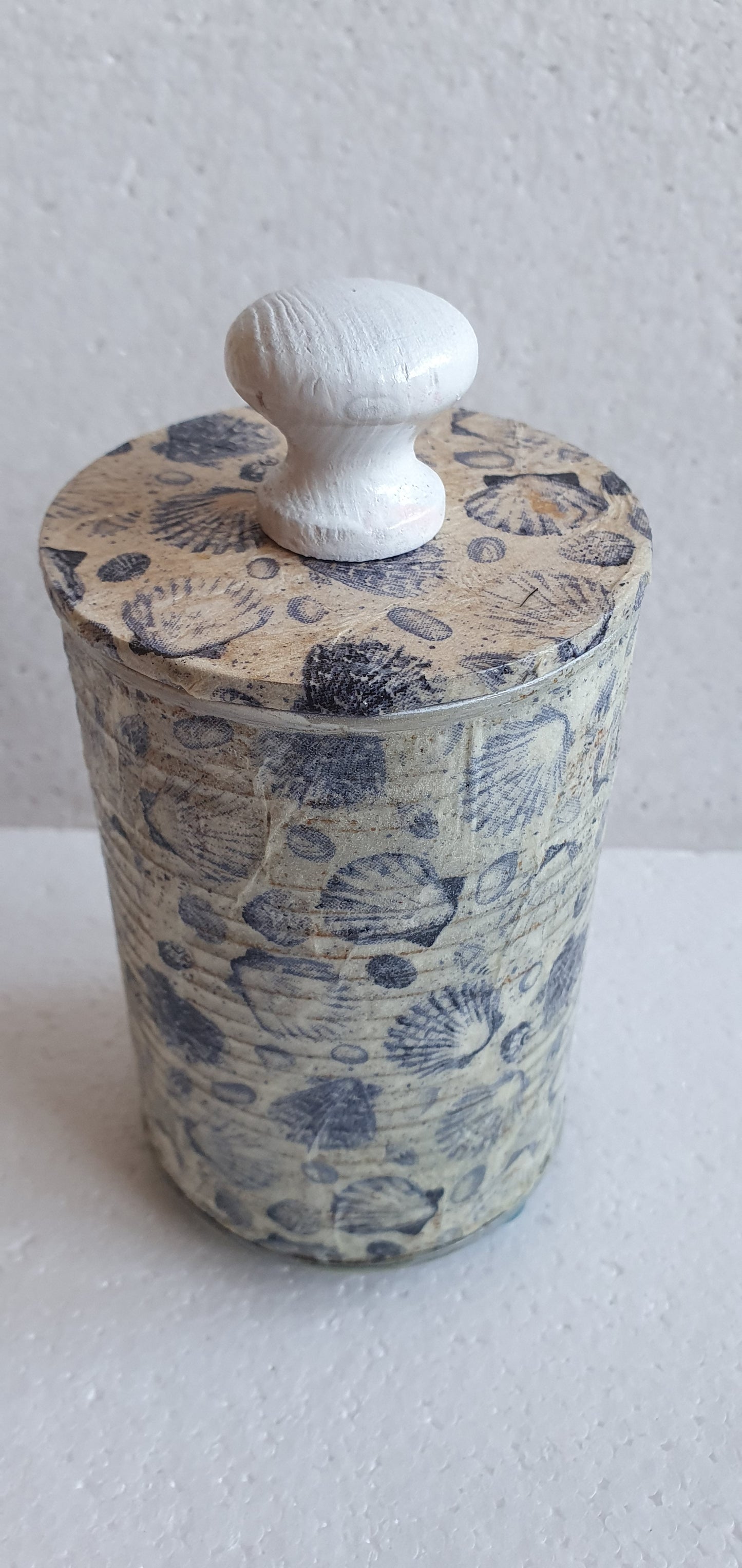Upcycle Tin Can Storage Jar With Lid Blue White Shells Decoupage Home Decor Gift
