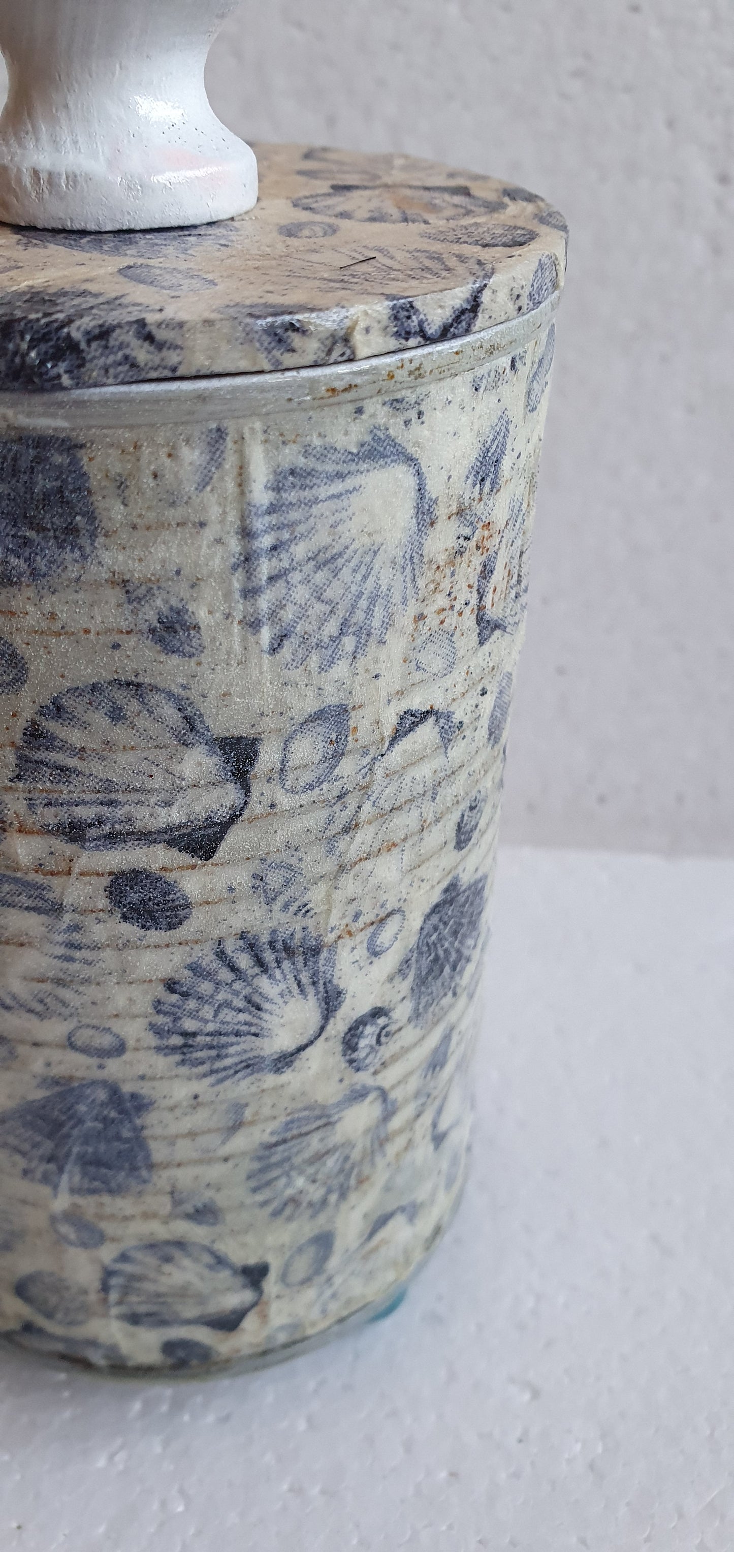 Upcycle Tin Can Storage Jar With Lid Blue White Shells Decoupage Home Decor Gift