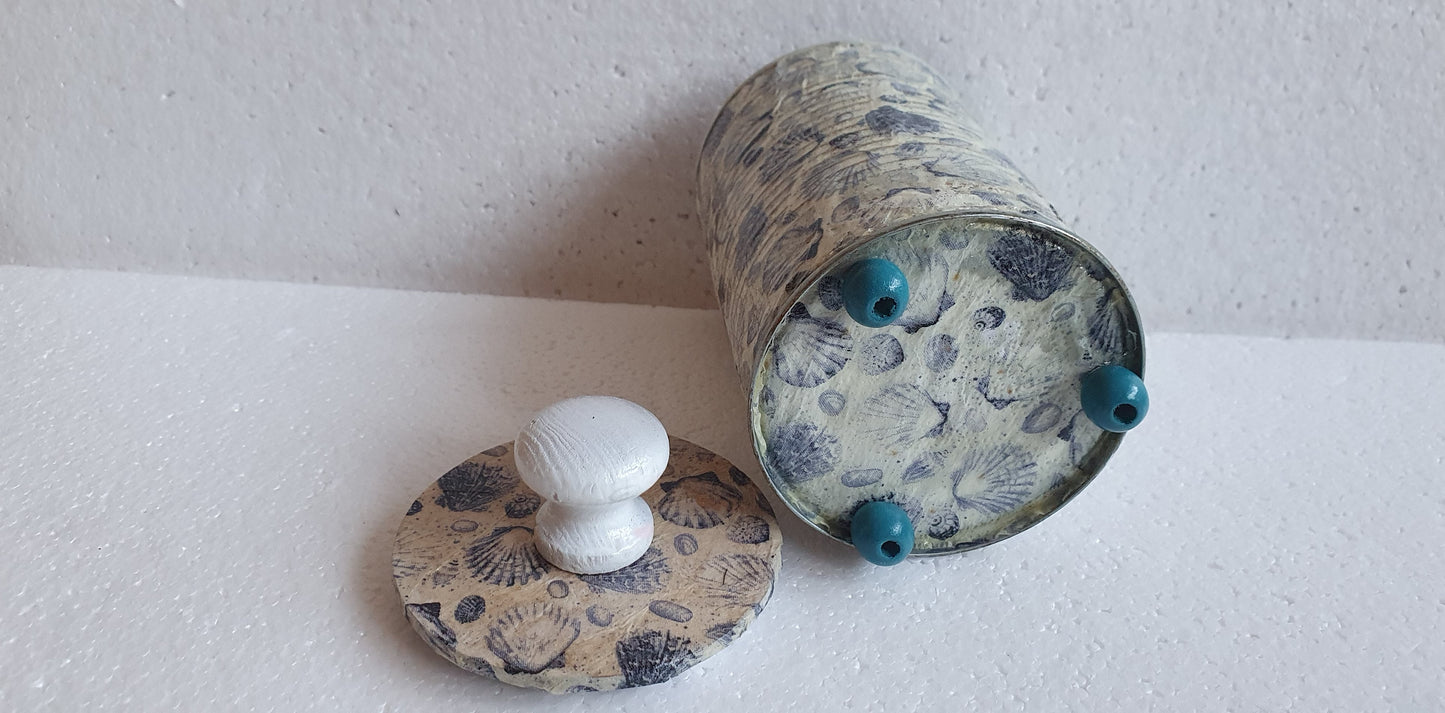Upcycle Tin Can Storage Jar With Lid Blue White Shells Decoupage Home Decor Gift