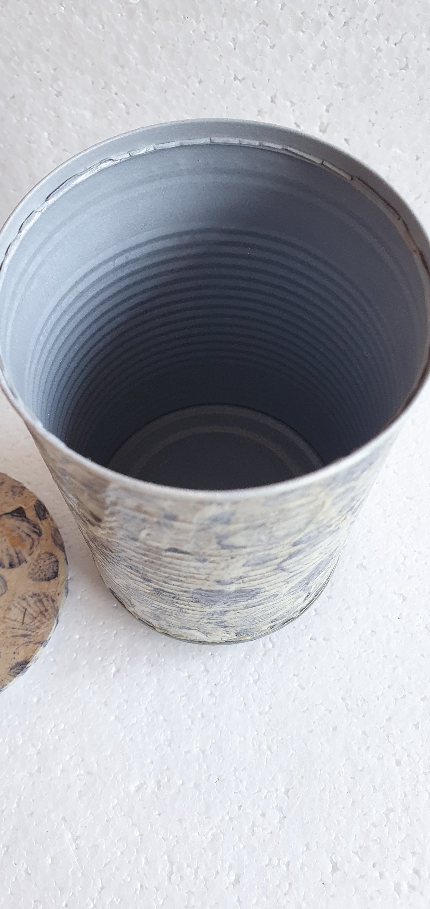 Upcycle Tin Can Storage Jar With Lid Blue White Shells Decoupage Home Decor Gift