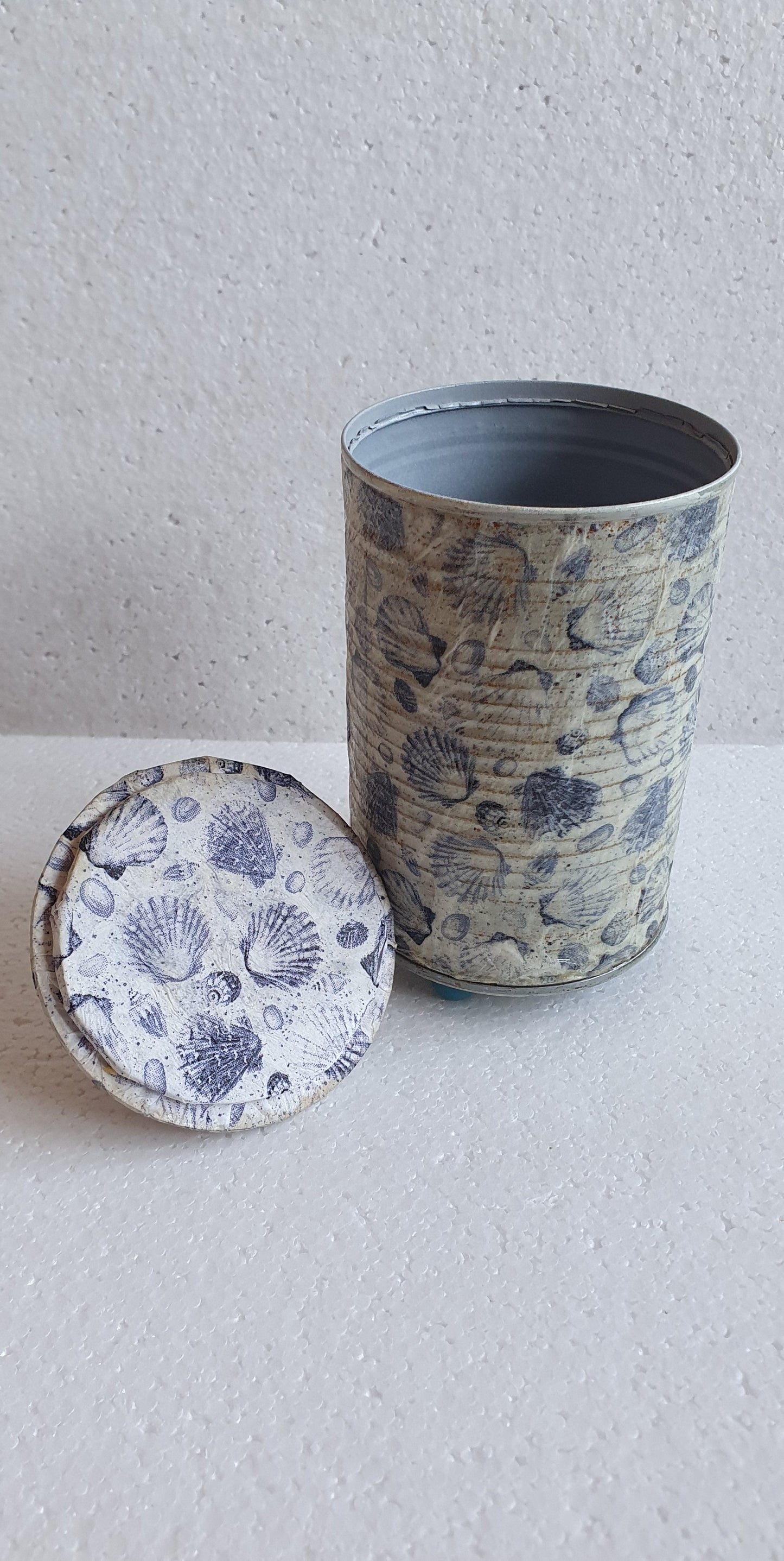 Upcycle Tin Can Storage Jar With Lid Blue White Shells Decoupage Home Decor Gift