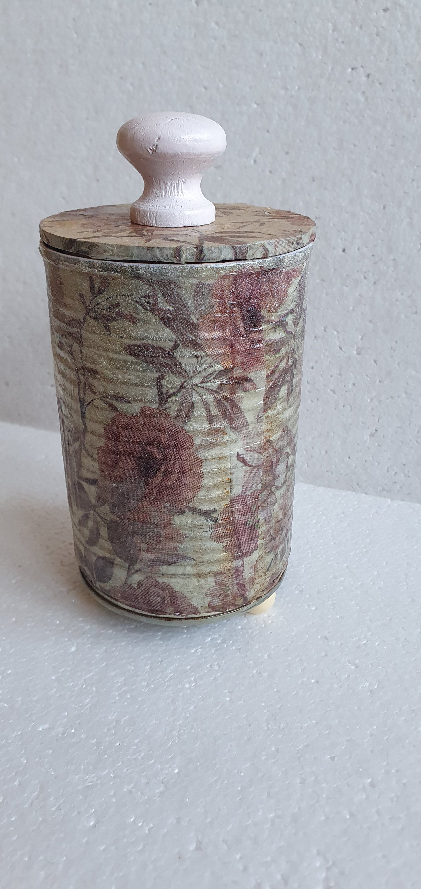 Upcycle Tin Can Storage Jar With Lid Pink Floral Decoupage Home Decor Gift