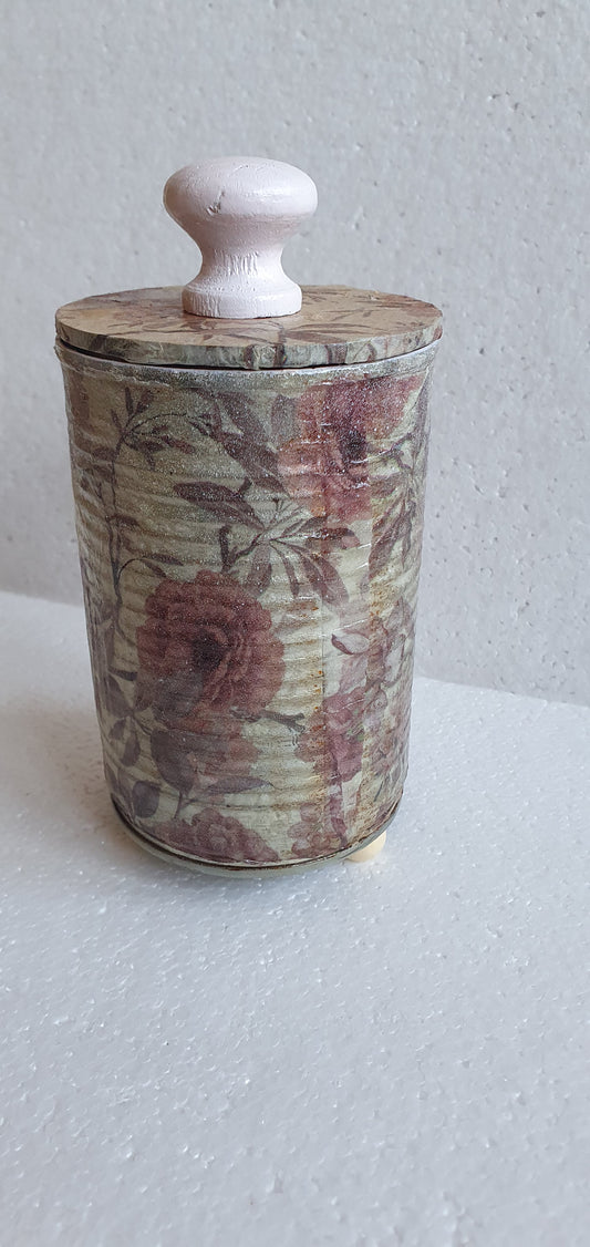 Upcycle Tin Can Storage Jar With Lid Pink Floral Decoupage Home Decor Gift