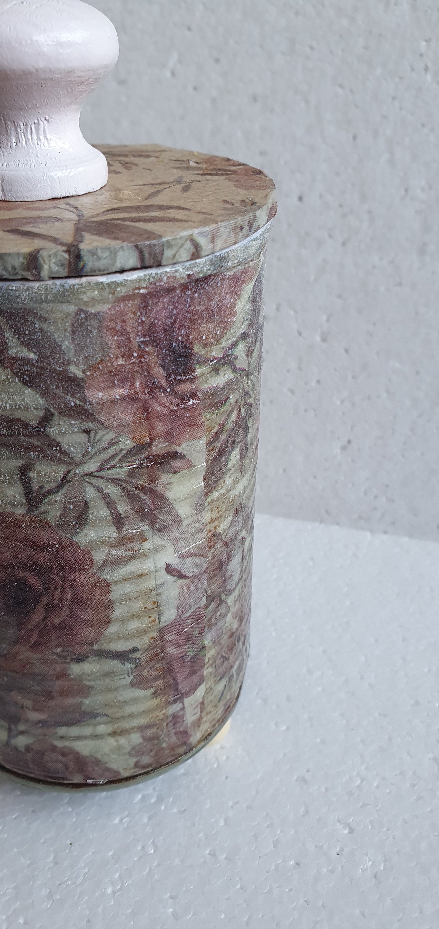Upcycle Tin Can Storage Jar With Lid Pink Floral Decoupage Home Decor Gift