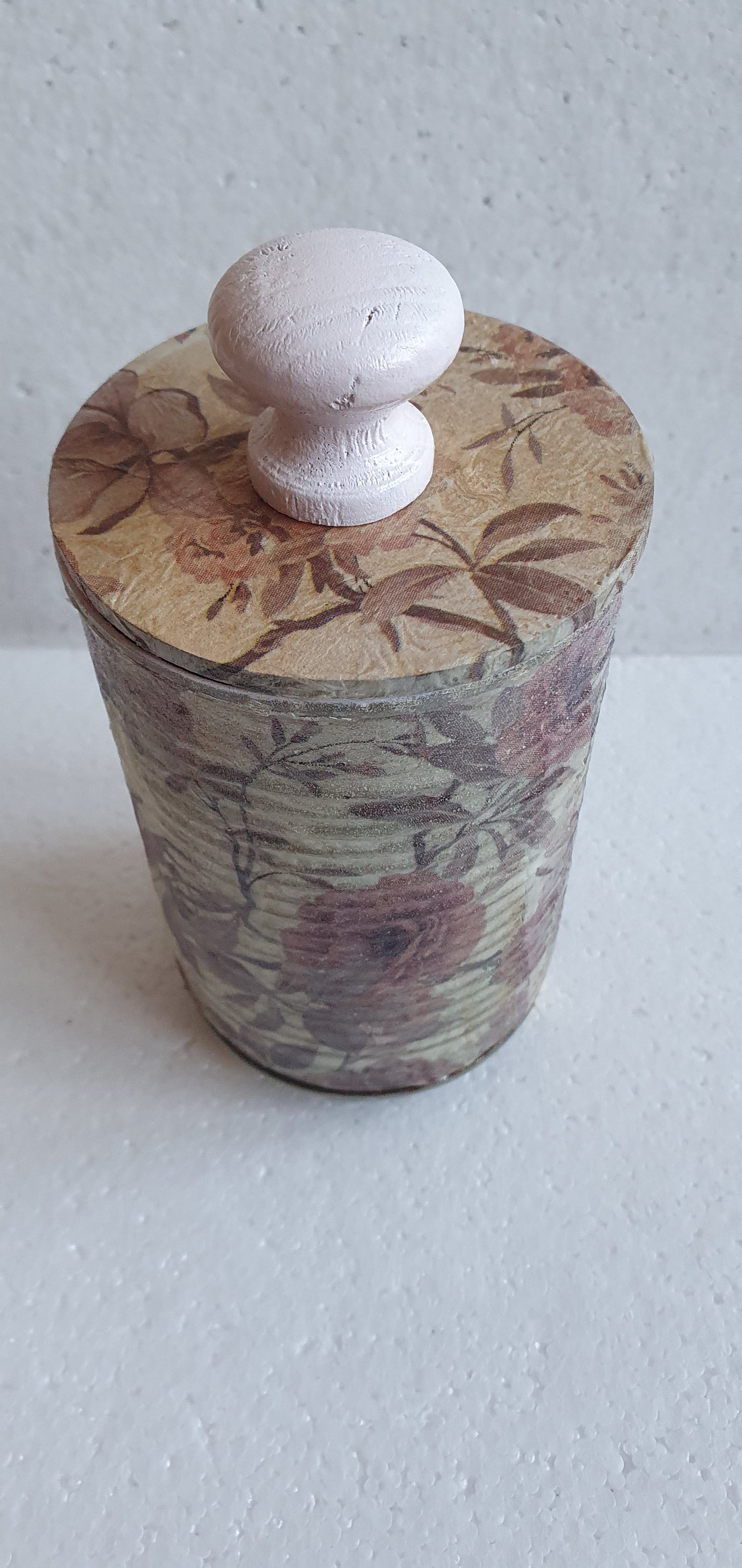 Upcycle Tin Can Storage Jar With Lid Pink Floral Decoupage Home Decor Gift