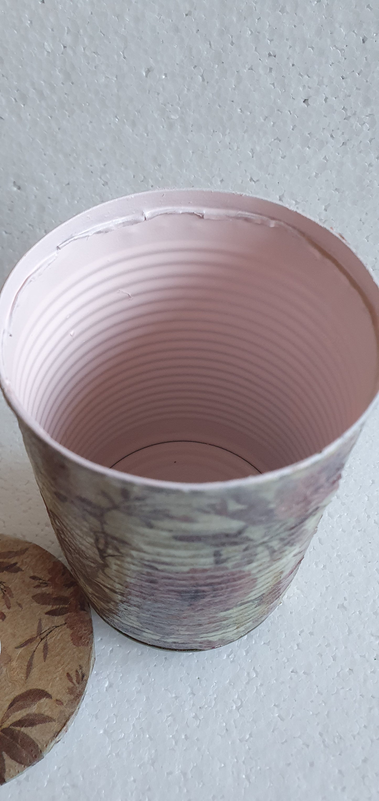 Upcycle Tin Can Storage Jar With Lid Pink Floral Decoupage Home Decor Gift