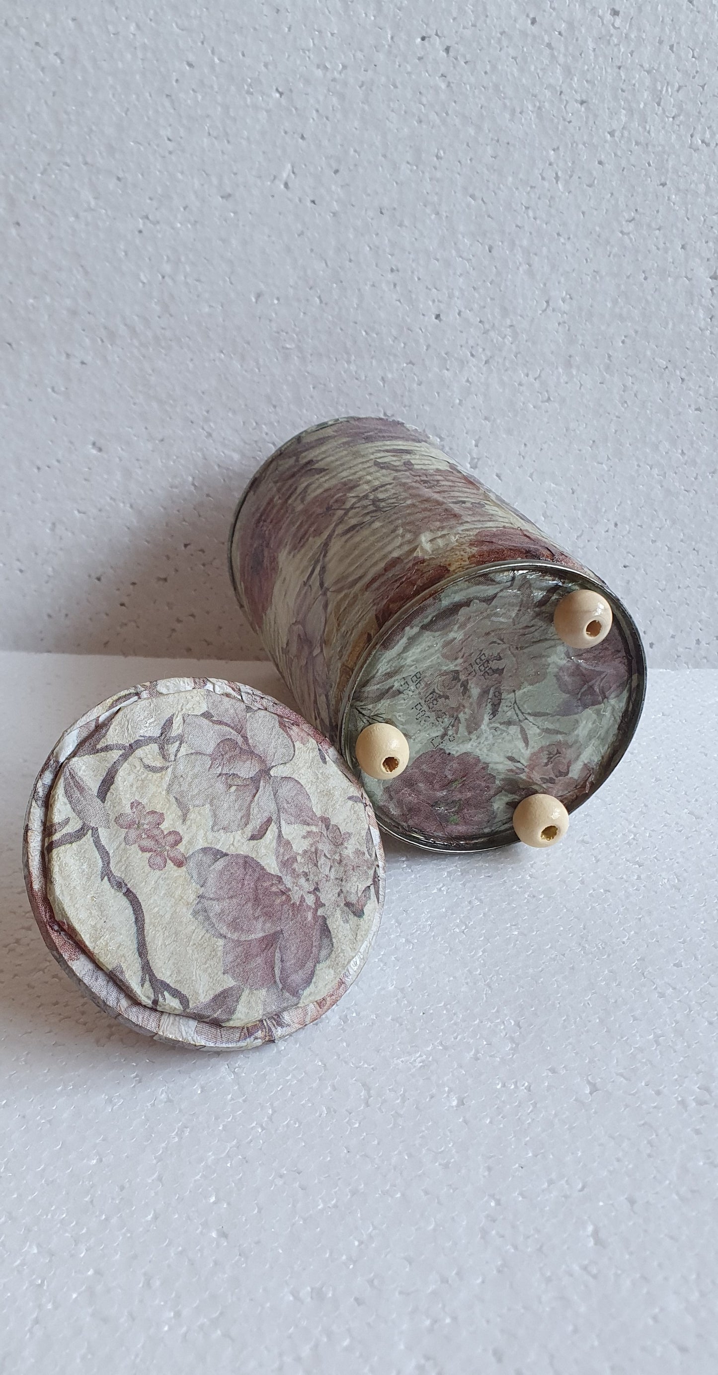 Upcycle Tin Can Storage Jar With Lid Pink Floral Decoupage Home Decor Gift