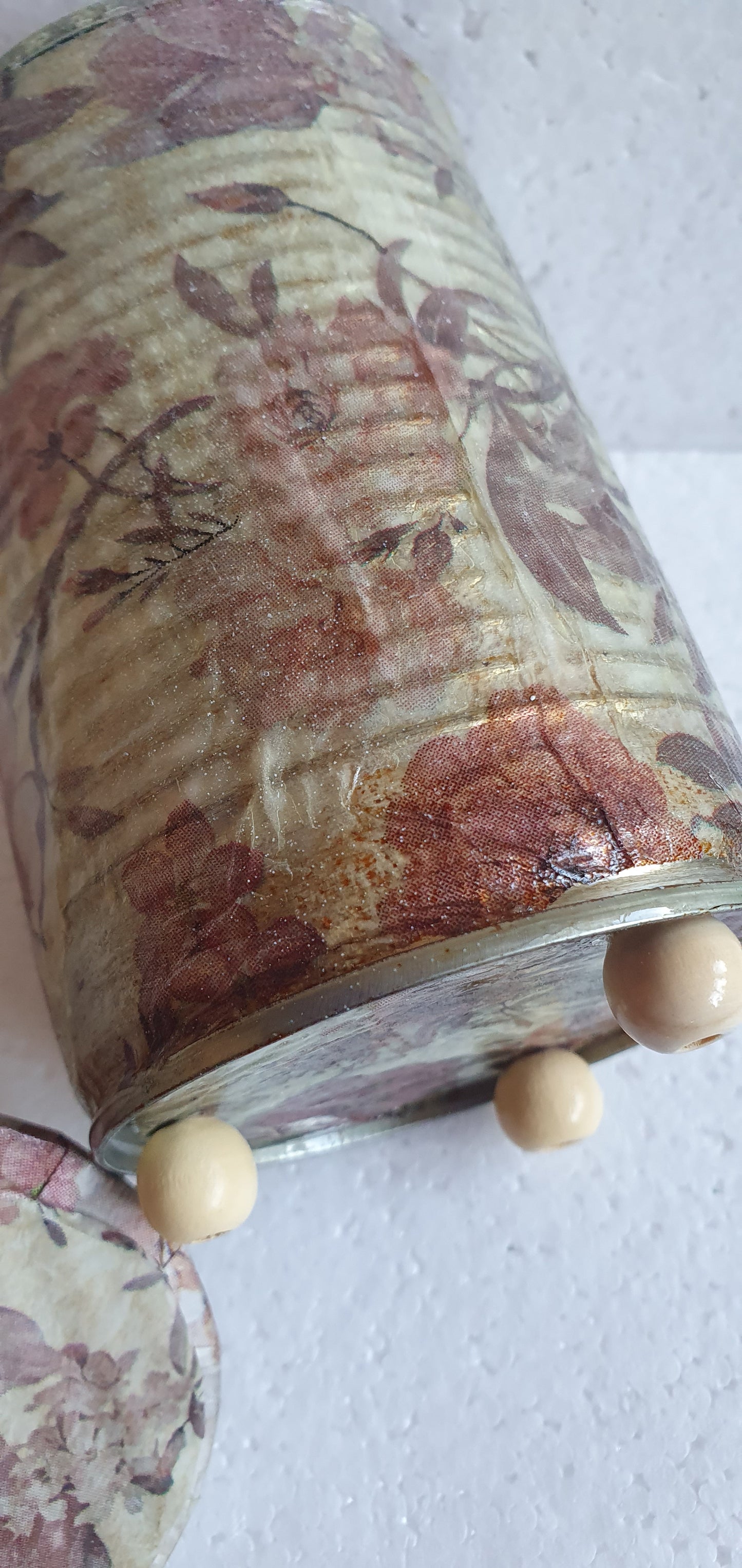 Upcycle Tin Can Storage Jar With Lid Pink Floral Decoupage Home Decor Gift