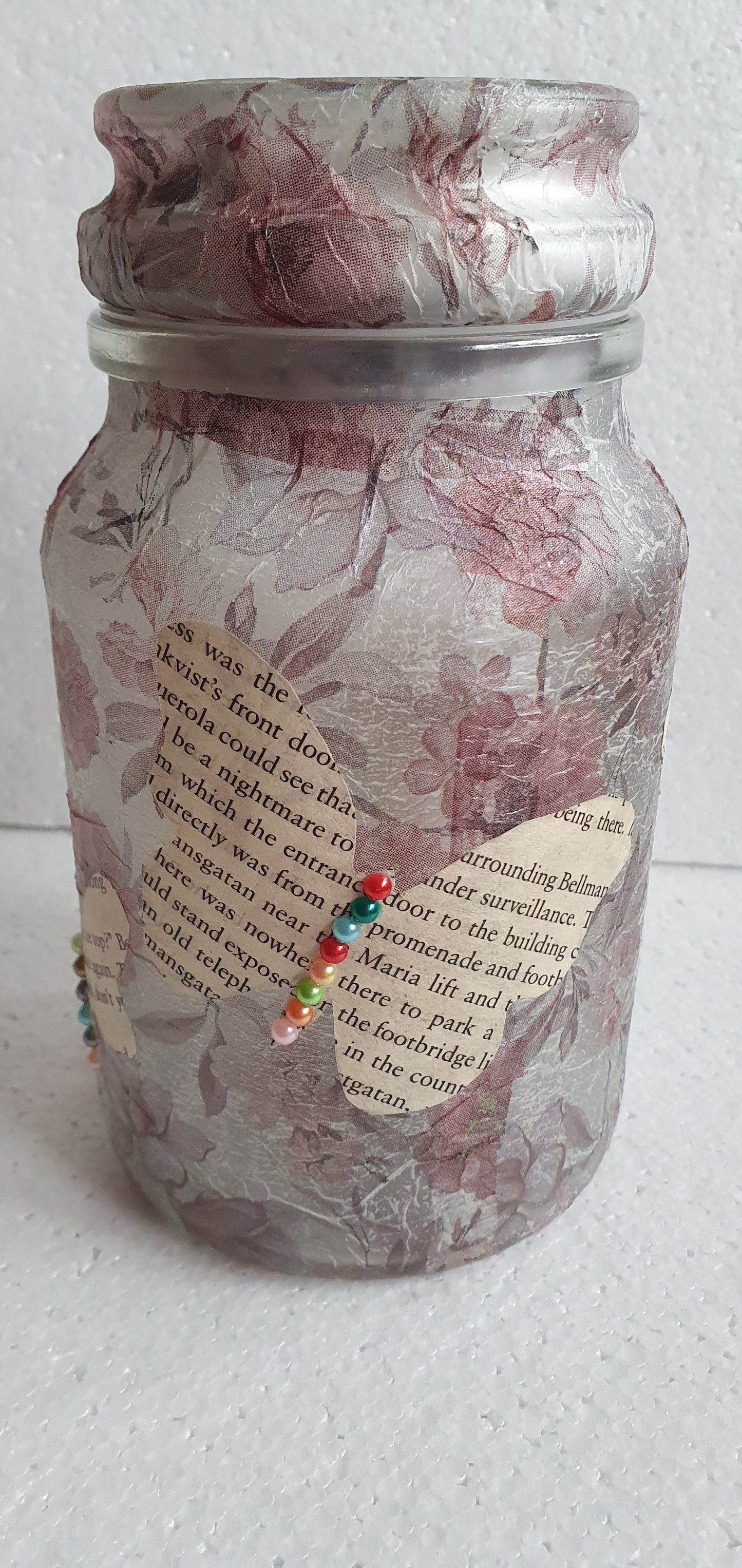 Medium 'Chunky' Hand Decorated Glass Pin Cushion Jar Floral Book Page Butterflies Crafters Gift